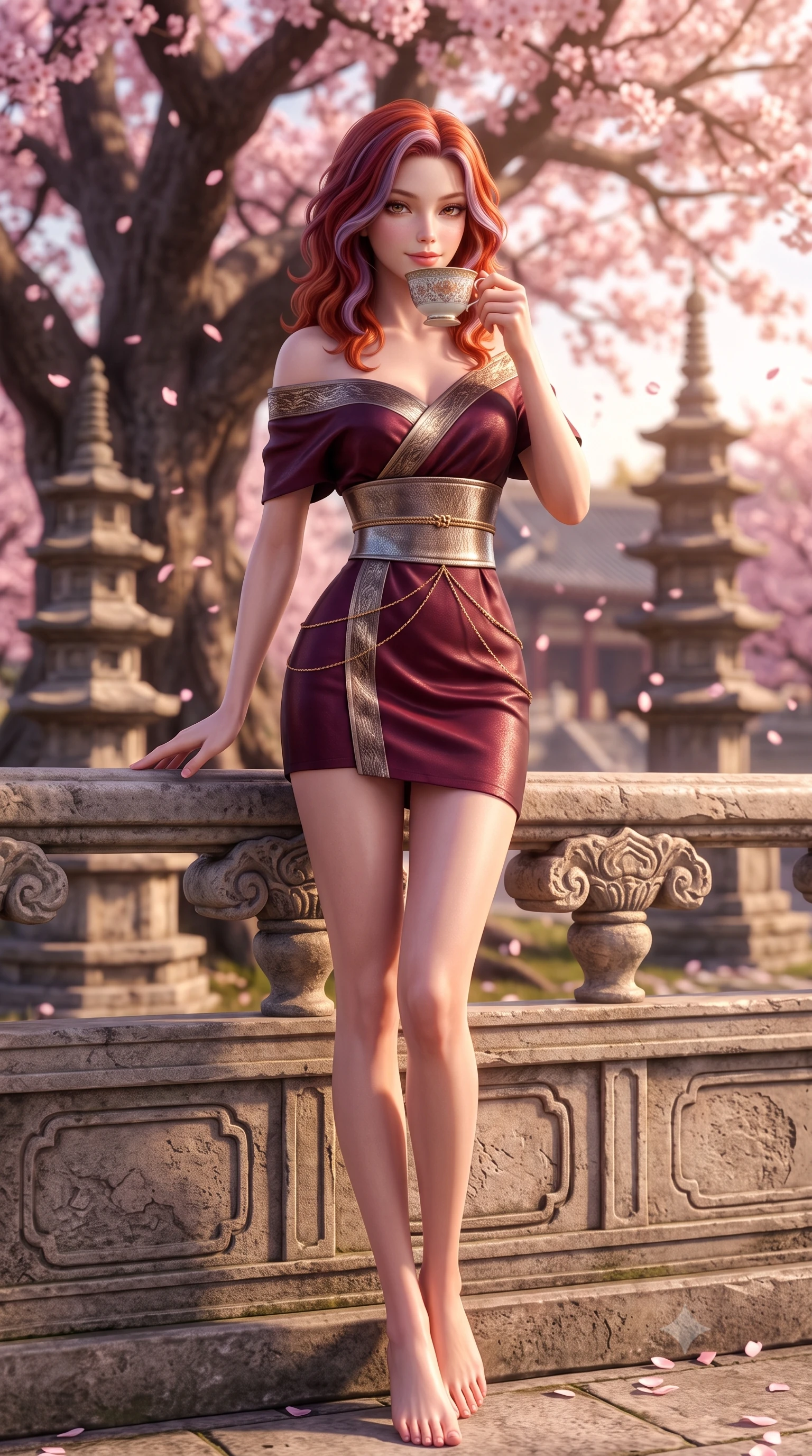 score_9, masterpiece, best quality, ultra-detailed, high-budget anime keyframe, semi-realistic 3D game render, editorial fashion photography, tasteful artistic composition, Caucasian woman. low angle full-body shot from head to toe showing her feet, filling the entire 9:16 vertical frame with her statuesque presence, stretching her vertical silhouette. standing in a tall, confident posture with one hand on the carved palace railing, stretching her statuesque body as she arches her lower back to emphasize her sculpted feminine hips and slender waist while lounging on an outdoor bench holding an antique teacup with both hands, her long slender legs and hourglass curves commanding the spring terrace. The background shows a soft-focus drifting pink cherry blossoms from a massive blooming tree and historic temple stone pagodas blurred into sakura pink, honey, and charcoal bokeh. She has an absolutely perfect, statuesque 8.5-heads proportion, an exceptionally tall and slender model-like female figure with impossibly long slender legs, an ultra-slim waist, a flat toned midriff, narrow delicate ribcage, and beautifully sculpted feminine hips creating a graceful, slim hourglass silhouette without any bulky heaviness. sharp v-shaped jawline, high-bridge nose, intricate jewel-like dark sparkling almond eyes with depth, thick lashes, glossy parted lips with a natural rose-plum sheen, bright alluring and coquettish smile with bedroom-eyes, exuding both timeless oriental elegance and sovereign high-fashion allure, flawlessly proportioned anatomical accuracy, strict slender model proportions, natural body alignment, perfectly sculpted long slender limbs, ultra-slim waistline, clean dynamic posture without body distortion. wearing an asymmetric off-shoulder cyber-kimono mini dress with a wide metallic obi corset belt accentuating her narrow waist in deep wine burgundy and brushed antique gold, woven from metallic gold and silver thread casting subtle starlight glints, accented with a delicate gold body chain draping loosely across her flat midriff, the form-fitting tailored bodice adhering flawlessly to her sculpted flat midriff and slender torso, emphasizing her long leg lines and perfectly proportioned willowy build. bathed in warm, soft spring afternoon sunlight filtering through pink blossom branches. highly saturated vibrant anime colors, detailed shading with soft gradients, rich glossy textures, high-contrast stereoscopic depth, volumetric dynamic lighting, master piece, 9:16 ratio