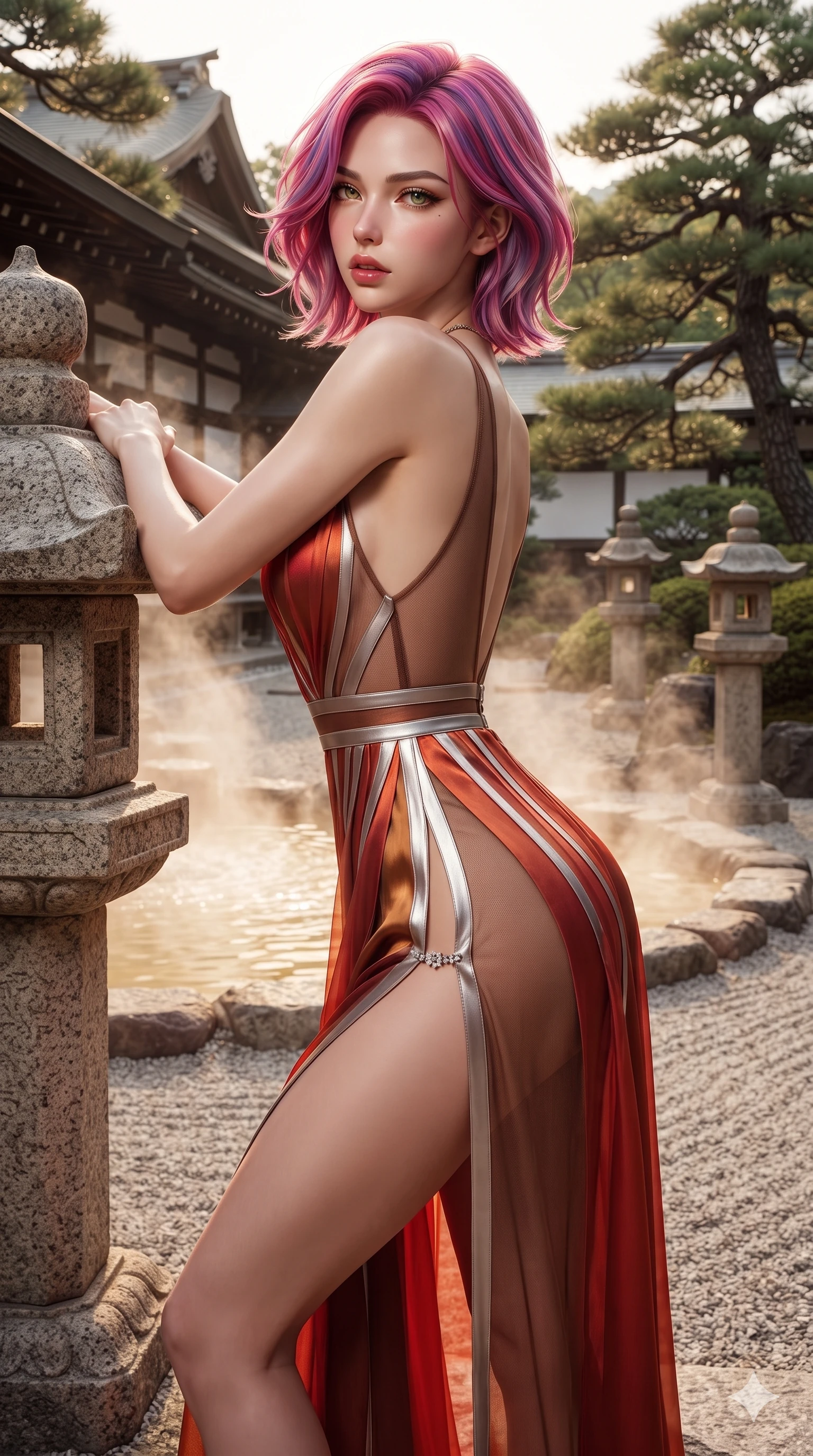 score_9, masterpiece, best quality, ultra-detailed, high-budget anime keyframe, editorial fashion photography, tasteful artistic composition, Caucasian woman. close-up cowboy shot from the waist and thighs up, the character dominates the composition, filling the frame with her large presence. twisting her slender torso in a deep contrapposto stance, hips dramatically shifted to accentuate her feminine curves while looking past her shoulder with smoldering bedroom-eyes while leaning against the carved granite lantern pillar with hips cocked back, casting an alluring bedroom-gaze through rising mineral steam motes. The surrounding environment is rendered in vivid detail and crisp panoramic clarity: detailed second-skin maxi dress tailoring, sheer power-mesh side panels, and luxury garden architecture in razor-sharp precision. She has an exceptionally elegant, slender, and willowy female figure with an ultra-slim waist, flat toned midriff, narrow ribcage, and sculpted feminine hips creating an alluring, slim hourglass silhouette without bulk. sharp v-shaped jawline, high-bridge nose, intricate jewel-like sparkling eyes with depth, thick eyelashes, glossy parted lips with a natural sheen, intensely captivating and seductive bedroom-eyes expression, exuding both youthful cute charm and sovereign luxury allure, flawlessly proportioned anatomical accuracy, strict slender model proportions, natural body alignment, perfectly sculpted long slender limbs, ultra-slim waistline, clean dynamic posture without body distortion. wearing a plunge-front sheer illusion tulle slip dress with liquid platinum ribbon stripes hugging her curves in imperial vermilion silk and warm bronze, tailored from heavy double-faced silk georgette with an exceptionally fluid drape, finished with an ultra-high side slit secured by miniature jeweled clasps, the precision-cut side openings and low-back scoop framing her graceful spine and the sensual sweep of her slim, toned hips. bathed in the rich, intimate 2400K golden radiance of stone lanterns and underwater spring channels. ultra-reflective glossy finish, specular highlights, rich textural contrasts, high-contrast stereoscopic depth, volumetric dynamic lighting, 2k, ultra detail, master piece, 9:16 ratio