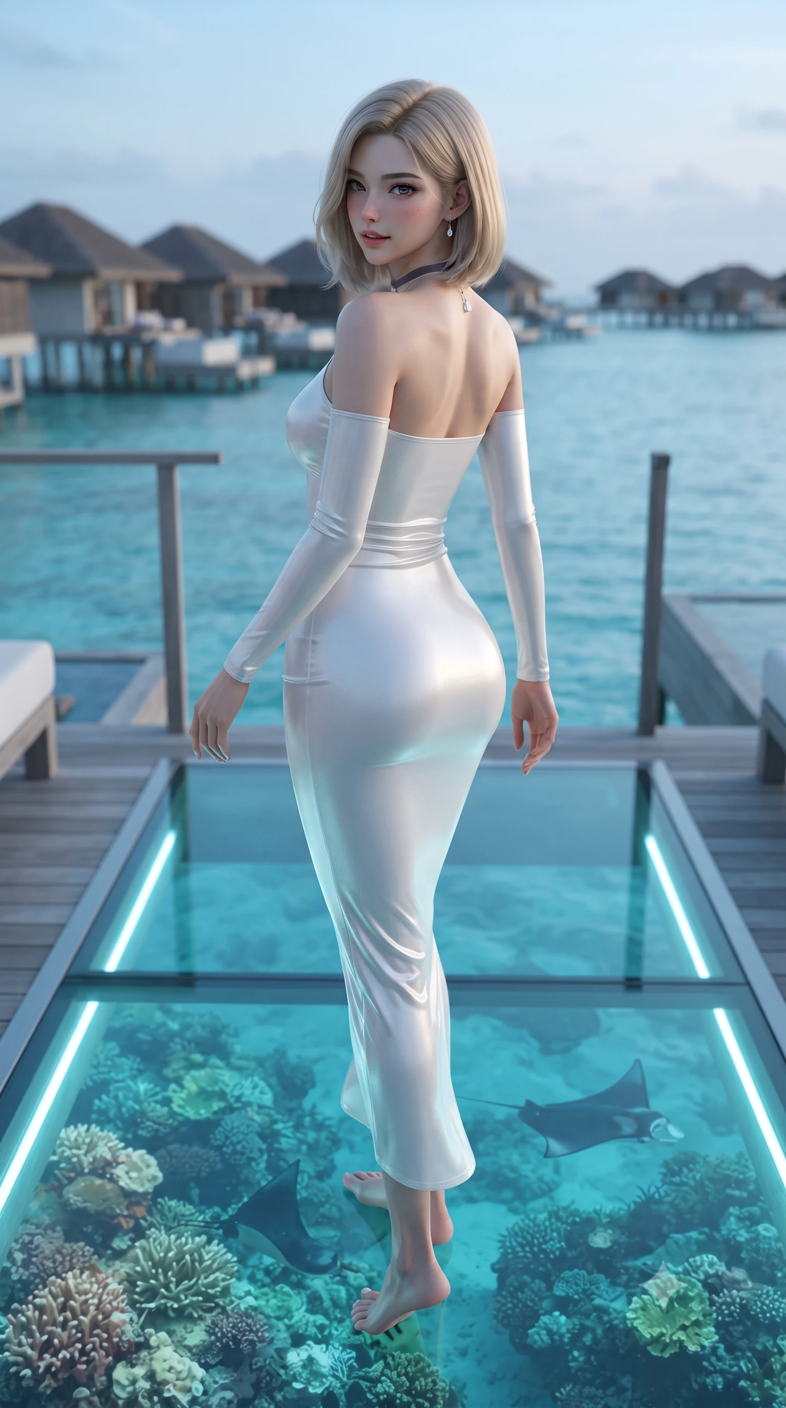score_9, masterpiece, best quality, ultra-detailed, high-budget anime keyframe, editorial fashion photography, tasteful artistic composition, Korean woman. low angle full-body shot from head to toe showing her feet, filling the entire 9:16 vertical frame with her statuesque presence, stretching her vertical silhouette. walking along the terrace with poise, looking back over her bare shoulder with an irresistible smoldering bedroom-gaze while standing poised on the transparent tempered glass floor panel revealing illuminated tropical coral reefs and manta rays beneath her feet, arching her spine with siren allure. The surrounding environment is rendered in vivid detail and crisp panoramic clarity: detailed garment lines, wet cling or tailored fit, and overwater architectural craft in razor-sharp precision. She has an exceptionally tall and slender model-like 8.5-heads proportion, an ultra-slim waist, a flat toned midriff, narrow delicate ribcage, and beautifully sculpted feminine hips creating a graceful, slim hourglass silhouette without any bulky heaviness, with impossibly long slender legs. sharp v-shaped jawline, high-bridge nose, intricate jewel-like sparkling eyes with depth, thick eyelashes, glossy parted lips with a natural peach sheen, bright cheerful beaming smile with an enchanting and coquettish sensual glint, exuding both youthful cute charm and seductive allure, flawlessly proportioned anatomical accuracy, strict slender model proportions, natural body alignment, perfectly sculpted long slender limbs, ultra-slim waistline, clean dynamic posture without body distortion. wearing a glove-like stretch modal tank dress adhering tightly to her flat midriff and feminine hips in pure translucent crystal white and liquid platinum, crafted from bespoke double-faced cashmere with an exceptionally soft tactile finish, finished with a thin velvet ribbon choker and a single teardrop diamond pendant, the form-contouring silhouette accentuating her sculpted flat midriff, narrow delicate ribcage, and gracefully curvy hips with intoxicating allure. illuminated by reef water caustics bounce and sharp platinum-cyan rim lights sculpting her jawline, narrow waist, and curvy hips. ultra-reflective glossy finish, specular highlights, rich textural contrasts, high-contrast stereoscopic depth, volumetric dynamic lighting, 2k, ultra detail, master piece, 9:16 ratio