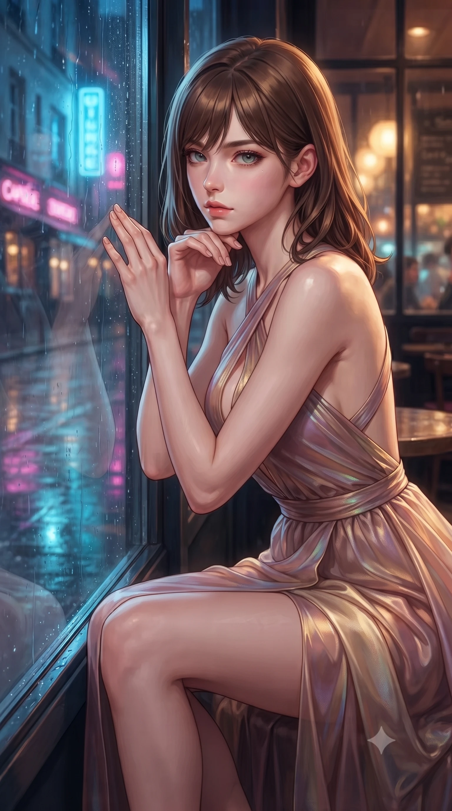 score_9, masterpiece, best quality, ultra-detailed, high-budget anime keyframe, editorial fashion photography, tasteful artistic composition, Korean woman. close-up cowboy shot from the waist and thighs up, the character dominates the composition, filling the frame with her large presence, background elements kept in soft focus. Resting her chin on the backs of her fingers, casting a sharp, mysterious gaze sitting by the wet glass window of a trendy European café during a gentle rainfall, wet asphalt surfaces casting glossy specular highlights from surrounding signs. She has an exceptionally elegant, slender, and willowy female figure with an ultra-slim waist, a gracefully sculpted slender torso, and a refined silhouette. sharp v-shaped jawline, high-bridge nose, intricate jewel-like eyes with depth, thick eyelashes, glossy lips with a natural sheen. wearing a translucent iridescent chiffon gown with a plunging neckline and open back in dusty rose and champagne gold, crafted from lustrous satin jersey with fluid draping, complemented by criss-cross back straps highlighting her bare shoulders, the elegant draped fit framing her graceful clavicle and slender torso. illuminated by warm indoor golden amber light and cool rainy blue neon rim light. highly saturated vibrant anime colors, detailed shading with soft gradients, rich glossy textures, high-contrast stereoscopic depth, volumetric dynamic lighting, master piece, 9:16 ratio