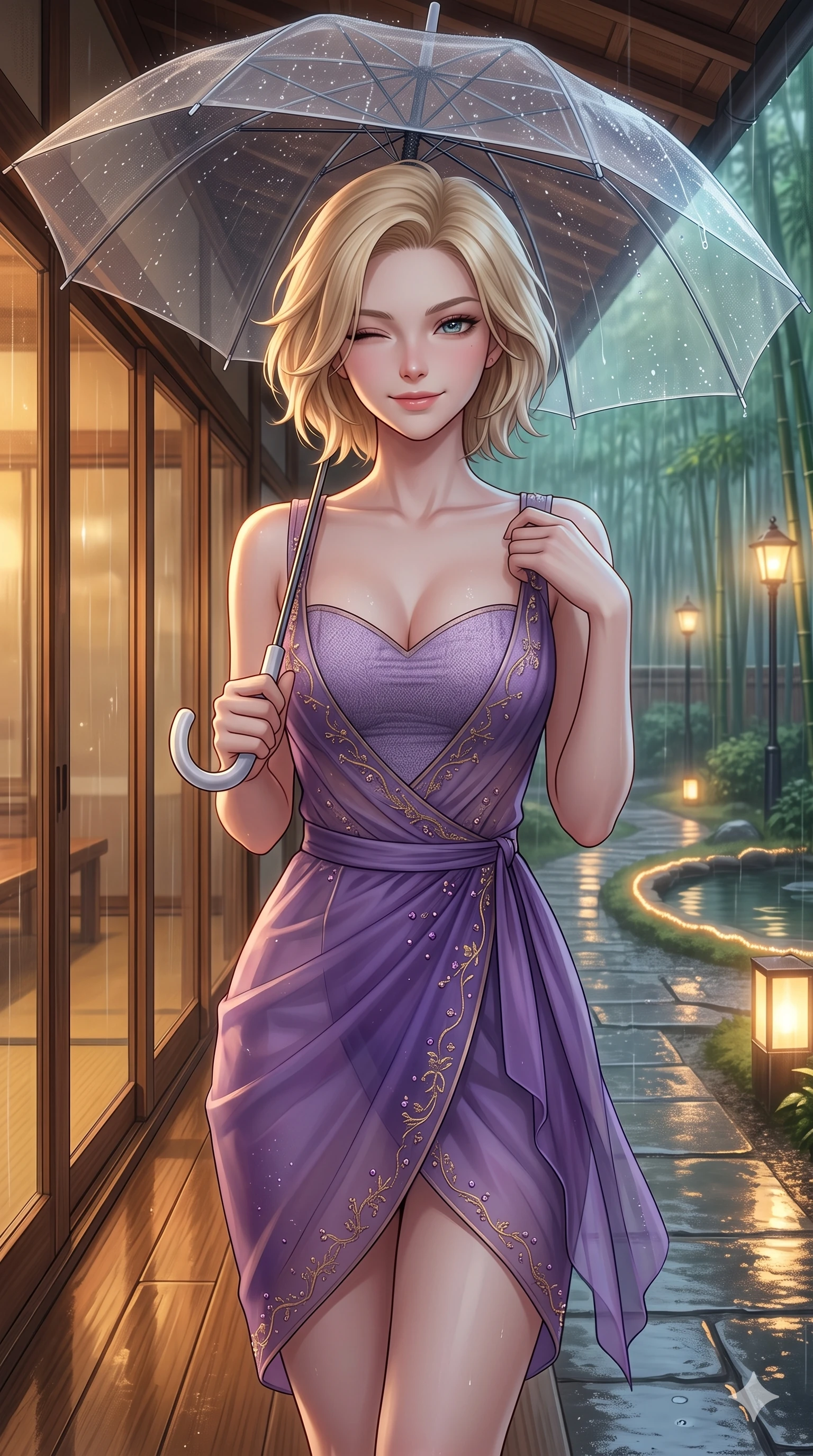 score_9, masterpiece, best quality, ultra-detailed, high-budget anime keyframe, vibrant anime aesthetic, Caucasian woman, strictly human ears. close-up cowboy shot from the waist and thighs up, the character dominates the composition, filling the frame with her large presence, background elements kept in soft focus. She is standing under a clear umbrella, winking playfully with a delightful smile, looking directly into the lens with a captivating and confident presence. the background shows a soft-focus warm, wood-paneled tea house veranda with large sliding glass doors facing a rain-swept bamboo garden (Code-P22-161). She has an absolutely perfect proportion, an exceptionally elegant and slender female figure with an ultra-slim waist. V-shaped jawline, high-bridge nose, intricate jewel-like eyes with depth, thick eyelashes, glossy lips with a natural sheen. wearing a structured textured bodice with a sweetheart neckline and a translucent chiffon wrap skirt in amethyst purple and silk overlays. She is illuminated by warm gaslight street lamps, casting soft reflections on wet pavements, outlining her elegant silhouette by the quiet garden pond. 2k, ultra detail, master piece, 9:16 ratio
