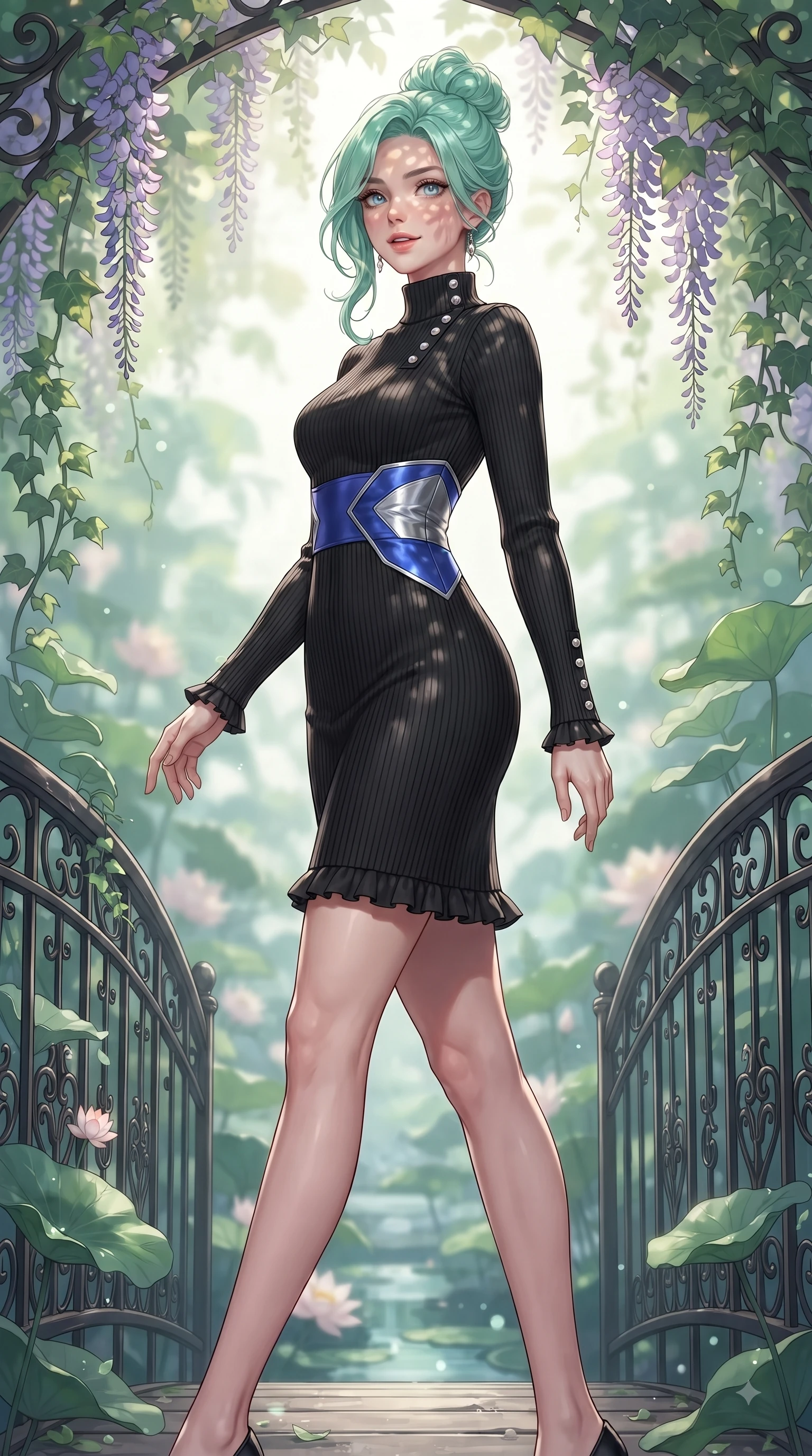 score_9, masterpiece, best quality, ultra-detailed, high-budget anime keyframe, editorial fashion photography, tasteful artistic composition, Japanese woman. low angle full-body shot from head to toe showing her feet, filling the entire 9:16 vertical frame with her statuesque presence, stretching her vertical silhouette. Radiant anticipation in her face, glowing with hopeful curiosity and warm expectant energy while pivoting gracefully on a wrought-iron bridge over a lotus pond dripping with morning dew. The composition keeps background elements in soft focus with dreamy bokeh. cascading botanical vines creating a soft, organic blurred background depth. She has an absolutely perfect, statuesque 8.5-heads proportion, an exceptionally tall and slender model-like female figure with impossibly long slender legs and an ultra-slim waist. sharp v-shaped jawline, high-bridge nose, intricate jewel-like eyes with depth, thick eyelashes, glossy lips with a natural sheen, flawlessly proportioned anatomical accuracy, natural body alignment, perfectly sculpted elegant limbs, clean dynamic posture without body distortion. wearing a chic black ribbed turtleneck knit dress accentuating her slender waist in electric cobalt blue and polished silver accent, crafted from soft breathable Italian linen, accented with delicate pearl buttons and refined ruffle trims, the sleek second-skin fit accentuating her magnetic presence. illuminated by fresh botanical ambient glow with organic leaf stencil shadows. ultra-reflective glossy finish, specular highlights, metallic sheen, high-contrast stereoscopic depth, volumetric dynamic lighting, 2k, ultra detail, master piece, 9:16 ratio