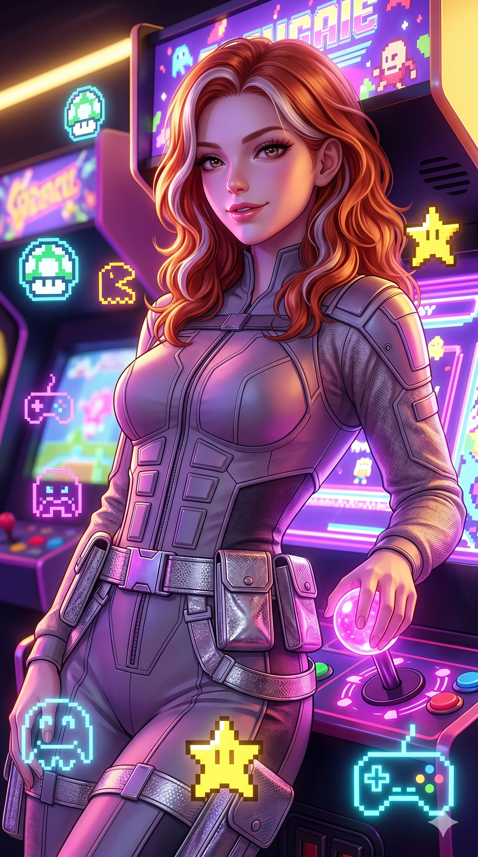 score_9, masterpiece, best quality, ultra-detailed, high-budget anime keyframe, semi-realistic 3D game render, Caucasian woman, strictly human ears. Upper body close-up from the thighs up, character filling the screen for maximum presence. She is leaning back against a glowing retro arcade cabinet, surrounded by floating pixelated neon icons. She holds a glowing joystick with a teasing, commanding smile. She has an absolutely perfect 8-heads proportion, a tall and elegant figure with a refined silhouette and a defined waistline. V-shaped jawline, high-bridge nose, intricate jewel-like eyes with depth, thick eyelashes, glossy lips with a natural sheen. She is wearing a high-fashion tech-jumpsuit featuring structured panel overlays across the torso and shoulders, accented by a metallic silver utility belt and textured fabric sleeves. The scene is illuminated by bright pink and violet neon screen glare and a sharp yellow ambient rim light. 2k, ultra detail, master piece, 9:16 ratio