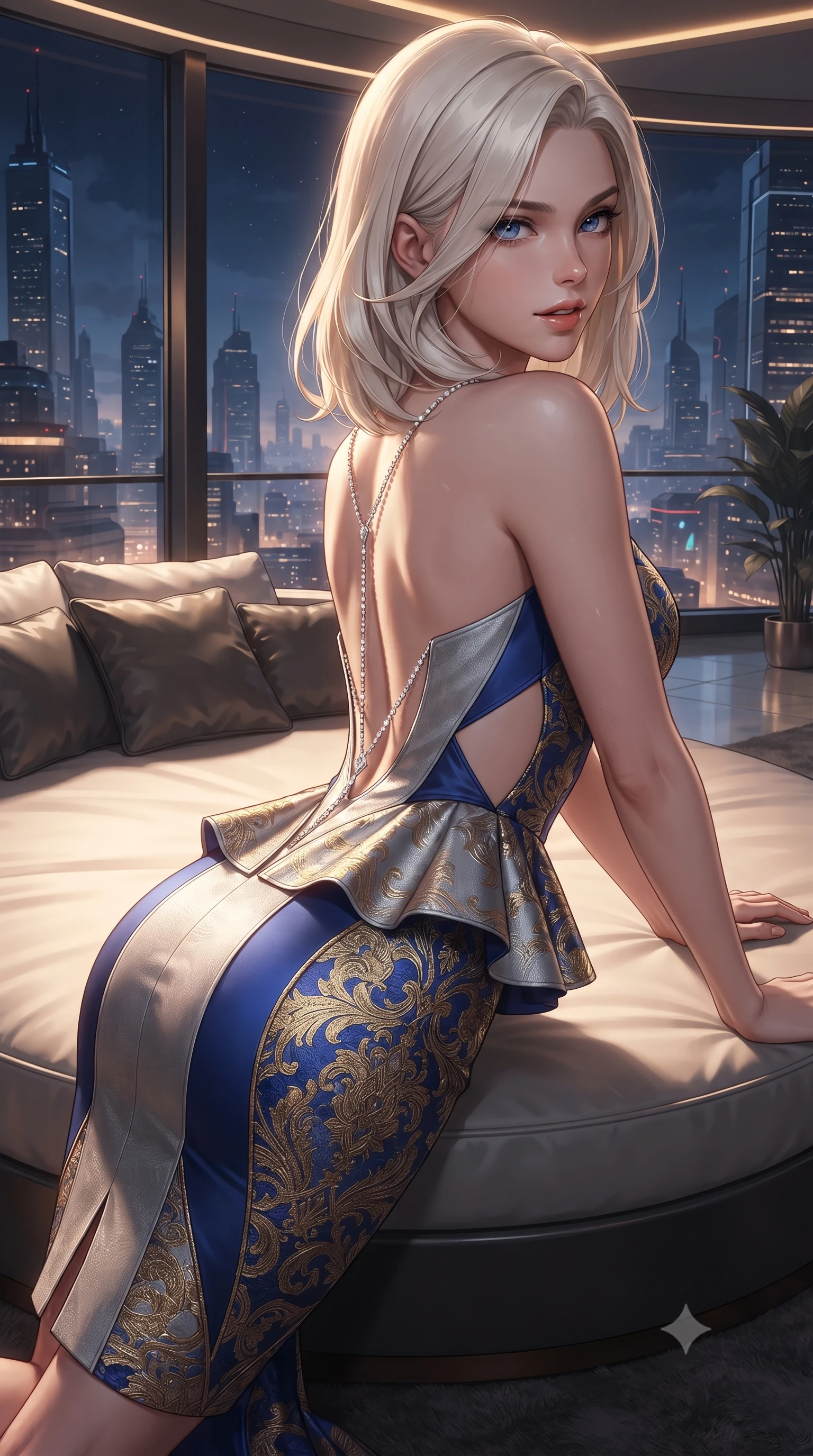 score_9, masterpiece, best quality, ultra-detailed, high-budget anime keyframe, editorial fashion photography, tasteful artistic composition, Caucasian woman. close-up cowboy shot from the waist and thighs up, the character dominates the composition, filling the frame with her large presence. turning over a bare shoulder with an intoxicating, teasing smile, her soft hair framing her sharp jawline as her hips angle gracefully while stretching languidly across an oversized circular lounge daybed, spine arched as warm midnight city light illuminates her sculpted hip silhouette. The surrounding environment is rendered in vivid detail and crisp panoramic clarity. sleek modern luxury chiaroscuro and futuristic skyline elegance rendered with environmental precision. She has an exceptionally elegant, slender, and willowy female figure with an ultra-slim waist, a gracefully sculpted slender torso, toned flat midriff, and rounded feminine hips creating an alluring hourglass silhouette. sharp v-shaped jawline, high-bridge nose, intricate jewel-like eyes with depth, thick eyelashes, glossy parted lips with a natural sheen, intensely captivating and seductive bedroom-eyes expression, flawlessly proportioned anatomical accuracy, strict slender model proportions, natural body alignment, perfectly sculpted long slender limbs, ultra-slim waistline, clean dynamic posture without body distortion. wearing a modern peplum corset dress with side-waist diamond cutouts and an ultra-tight silhouette in royal sapphire blue and brushed platinum, made of rich textured jacquard silk with baroque gold thread, accented with a glittering diamond back chain tracing her bare spine down to her hip line, the liquid-tight tailored fabric clinging flawlessly to her narrow waist and rounded feminine hips, emphasizing every millimeter of her sculpted hourglass curves during movement. illuminated by crisp directional edge lights sharply sculpting her slender waist and curvy feminine hips. ultra-reflective glossy finish, specular highlights, rich textural contrasts, high-contrast stereoscopic depth, volumetric dynamic lighting, 2k, ultra detail, master piece, 9:16 ratio
