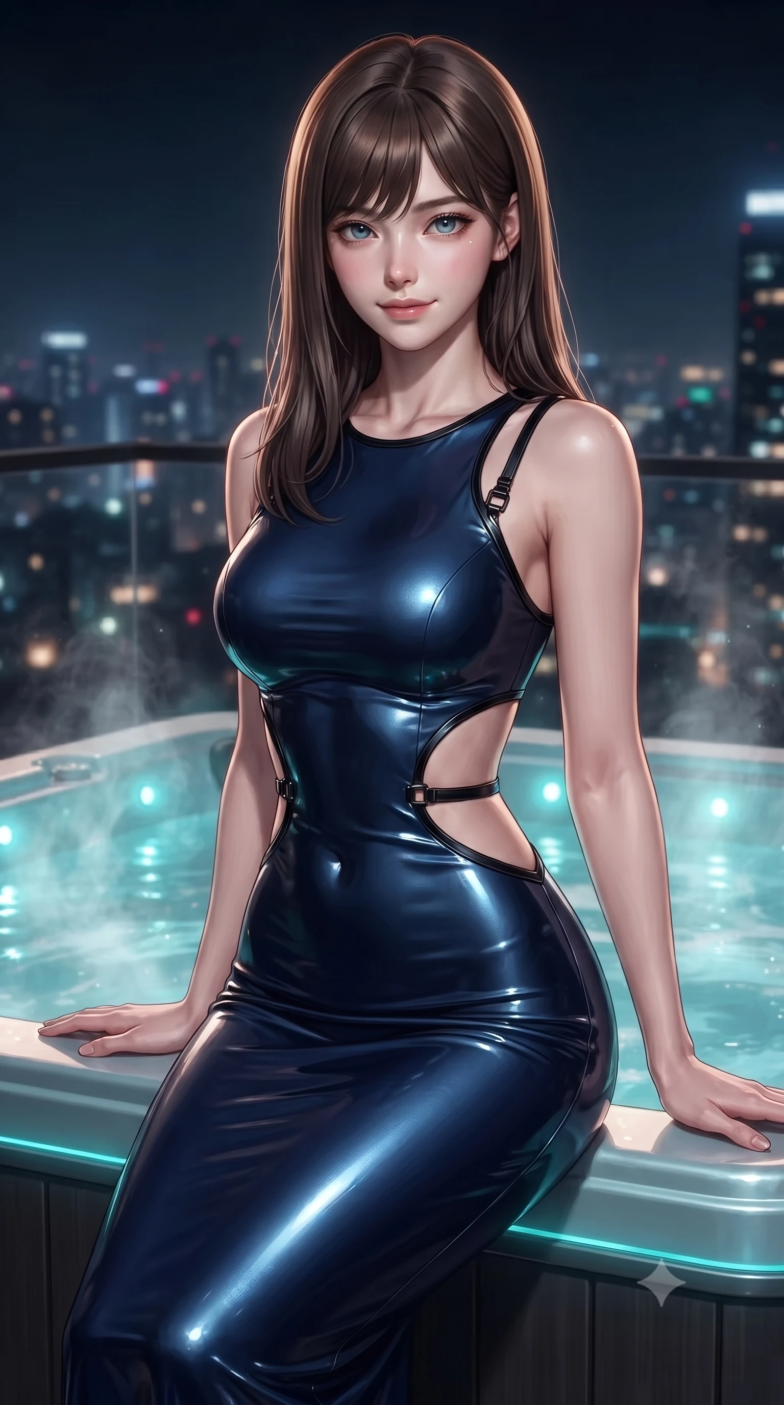 score_9, masterpiece, best quality, ultra-detailed, high-budget anime keyframe, editorial fashion photography, tasteful artistic composition, Korean woman. close-up cowboy shot from the waist and thighs up, the character dominates the composition, filling the frame with her large presence, background elements kept in soft focus. Smiling with quiet, magnetic self-assurance directly into the camera, poised at the edge of a lighted glass hot tub looking over a 2 AM metropolis, steaming jacuzzi water bubbles reflecting bright aqua LED rim lights. She has an exceptionally elegant, slender, and willowy female figure with an ultra-slim waist, a gracefully sculpted slender torso, and a refined silhouette. sharp v-shaped jawline, high-bridge nose, intricate jewel-like eyes with depth, thick eyelashes, glossy lips with a natural sheen. wearing fitted liquid mercury jersey maxi dress hugging every curve in midnight navy blue, made of high-gloss liquid vinyl, adorned with minimalist black onyx hardware framing the silhouette, the fitted fabric emphasizing her ultra-slim waist. illuminated by glowing aqua LED jacuzzi lights and distant city skyglow. ultra-reflective glossy finish, specular highlights, metallic sheen, high-contrast stereoscopic depth, volumetric dynamic lighting, 2k, ultra detail, master piece, 9:16 ratio