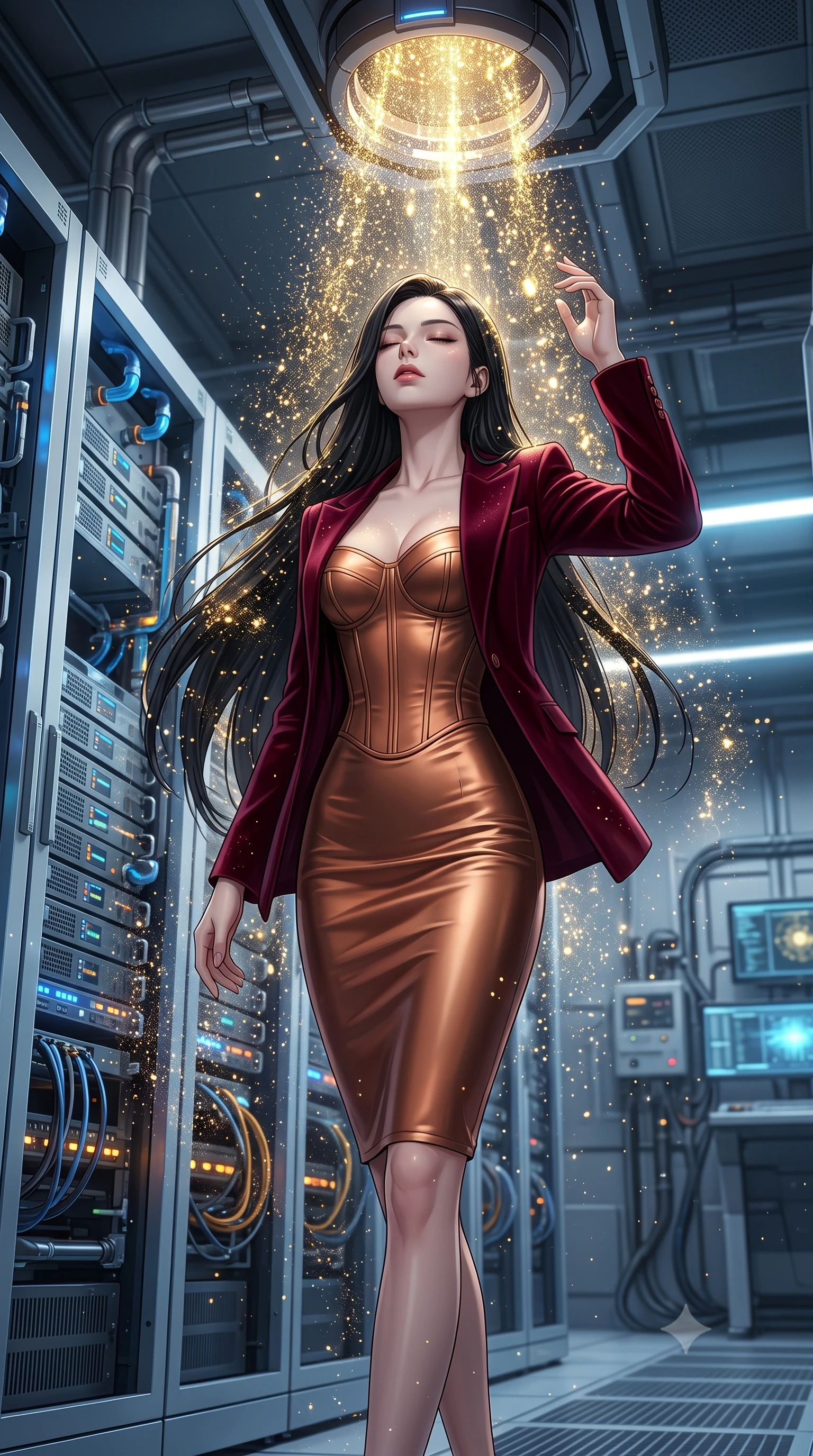score_9, masterpiece, best quality, ultra-detailed, High-budget Anime Keyframe, East Asian woman. Low angle cowboy shot filling the entire 9:16 frame with her statuesque presence. Scenario 486: showering under a cascade of glittering gold stardust inside a high-tech laboratory with rows of water-cooled server racks. Her presence is magnetic and overpowering in this high-budget anime scene. Outfit 486: a body-hugging metallic copper matte vinyl corset dress layered under a structured velvet blazer. The clothing is designed to emphasize her exceptionally tall and slender 8-heads proportion. 8-heads proportion, towering silhouette, ultra-slim waist. sharp v-shaped jawline, intricate jewel-like eyes with depth, thick eyelashes, glossy lips. 2k, ultra detail, master piece, 9:16 ratio