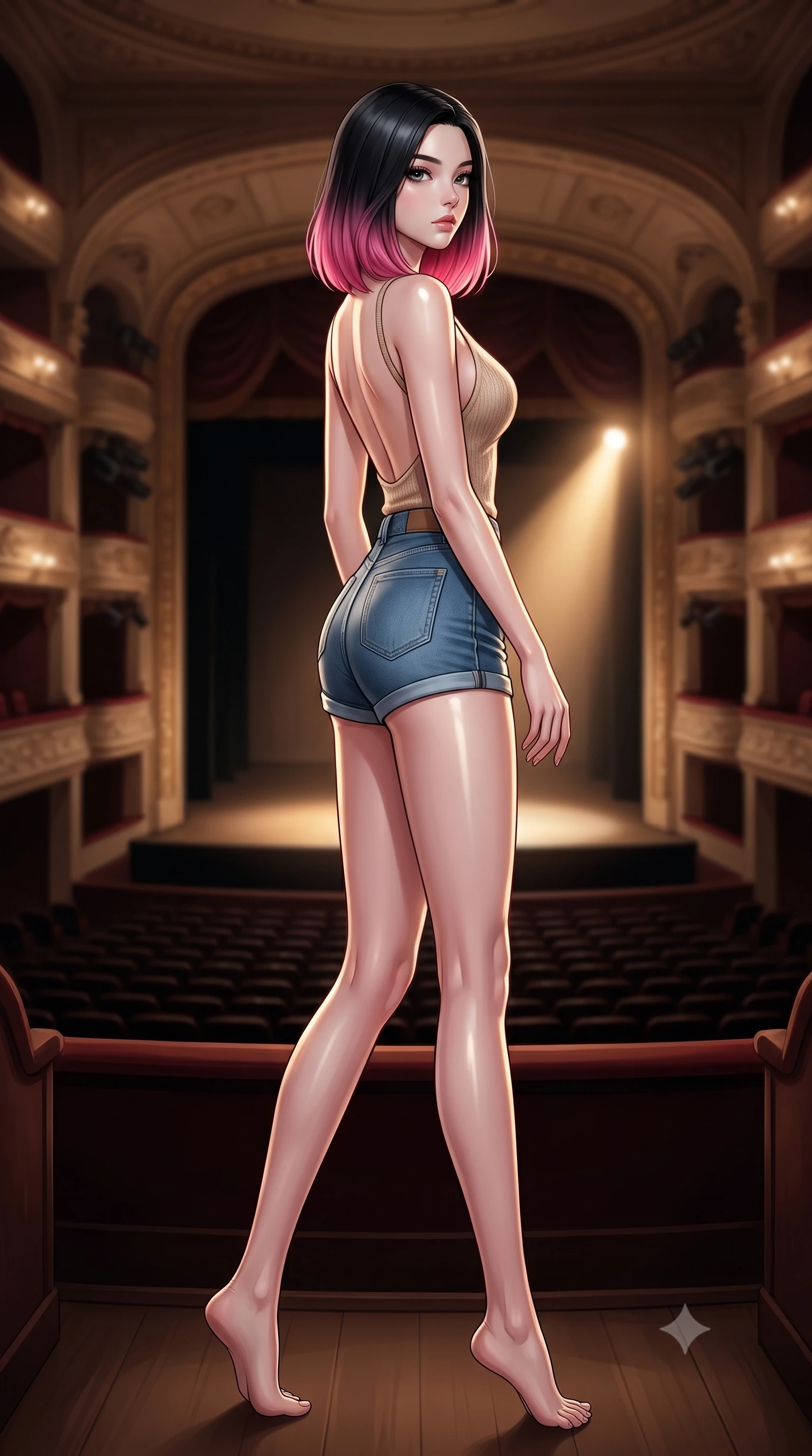 score_9, masterpiece, best quality, ultra-detailed, high-budget anime keyframe, editorial fashion photography, tasteful artistic composition, Korean woman. low angle full-body shot from head to toe showing her feet, filling the entire 9:16 vertical frame with her statuesque presence, stretching her vertical silhouette. stepping gracefully while looking back over her shoulder, her dress draped tightly to reveal her silhouette the background shows a soft-focus a private balcony alcove of a historic grand theater overlooking the empty orchestra pit. She has an absolutely perfect, statuesque 8.5-heads proportion, an exceptionally tall and slender model-like female figure with impossibly long slender legs and an ultra-slim waist. sharp v-shaped jawline, high-bridge nose, intricate jewel-like eyes with depth, thick eyelashes, glossy lips with a natural sheen. wearing a slim-fit backless knit top in beige wool, paired with high-waisted denim shorts. a single warm spotlight from the stage tracing her statuesque posture. ultra-reflective glossy finish, specular highlights, metallic sheen, high-contrast stereoscopic depth, volumetric dynamic lighting, 2k, ultra detail, master piece, 9:16 ratio