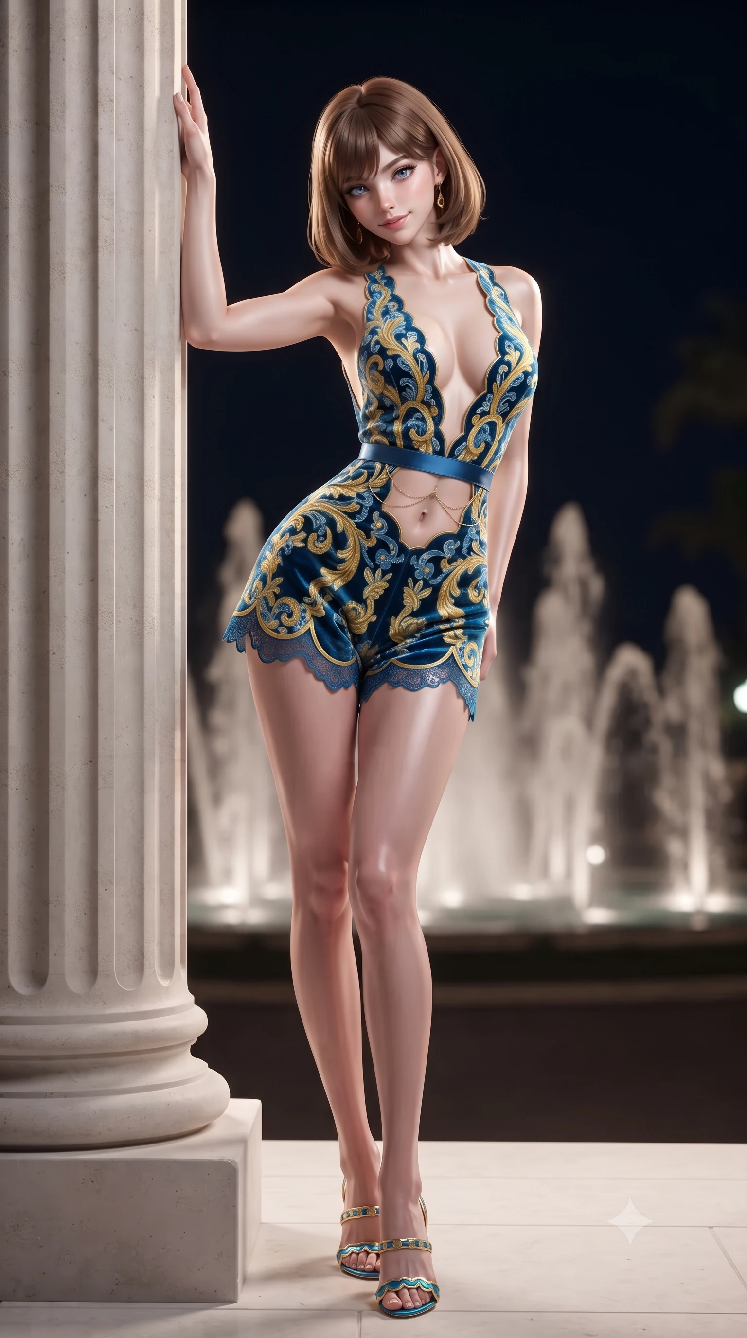 score_9, masterpiece, best quality, ultra-detailed, high-budget anime keyframe, editorial fashion photography, tasteful artistic composition, Caucasian woman. low angle full-body shot from head to toe showing her feet, filling the entire 9:16 vertical frame with her statuesque presence, stretching her vertical silhouette. standing tall beside the architectural column, one hand resting high while arching her lower back to emphasize her sculpted feminine hips and slender waist while standing tall on the white limestone terrace high above Casino Square, arching her back with effortless billionaire siren glamour. The background shows a soft-focus dancing fountain water jets softened in prestigious Riviera nocturnal shallow focus. She has an absolutely perfect, statuesque 8.5-heads proportion, an exceptionally tall and slender model-like female figure with impossibly long slender legs, an ultra-slim waist, a flat toned midriff, narrow delicate ribcage, and beautifully sculpted feminine hips creating a graceful, slim hourglass silhouette without any bulky heaviness. sharp v-shaped jawline, high-bridge nose, sparkling eyes with hypnotic seductive depth, thick curled eyelashes, glossy parted lips with a natural dewy peach sheen, alluring bedroom-eyes with an enchanting coquettish smile, exuding magnetic siren charisma and sophisticated glamour, flawlessly proportioned anatomical accuracy, strict slender model proportions, natural body alignment, perfectly sculpted long slender limbs, ultra-slim waistline, clean dynamic posture without body distortion. wearing a plunge-neck stretch velvet romper with scalloped eyelash-lace hems and a cinched waist ribbon in Amalfi azure blue and sunlit lemon gold, tailored from fine structural neoprene with crisp architectural edges and smooth contouring, accented with a dainty gold belly chain resting across her flat midriff and curving hips, the precision-cut side openings and low-back scoop framing her graceful spine and the sensual sweep of her slim, toned hips. illuminated by terrace marble reflection fill and sharp champagne-gold rim lights defining her delicate clavicles, ultra-slim waist, and curvy hips. ultra-reflective glossy finish, specular highlights, rich textural contrasts, high-contrast stereoscopic depth, volumetric dynamic lighting, 2k, ultra detail, master piece, 9:16 ratio