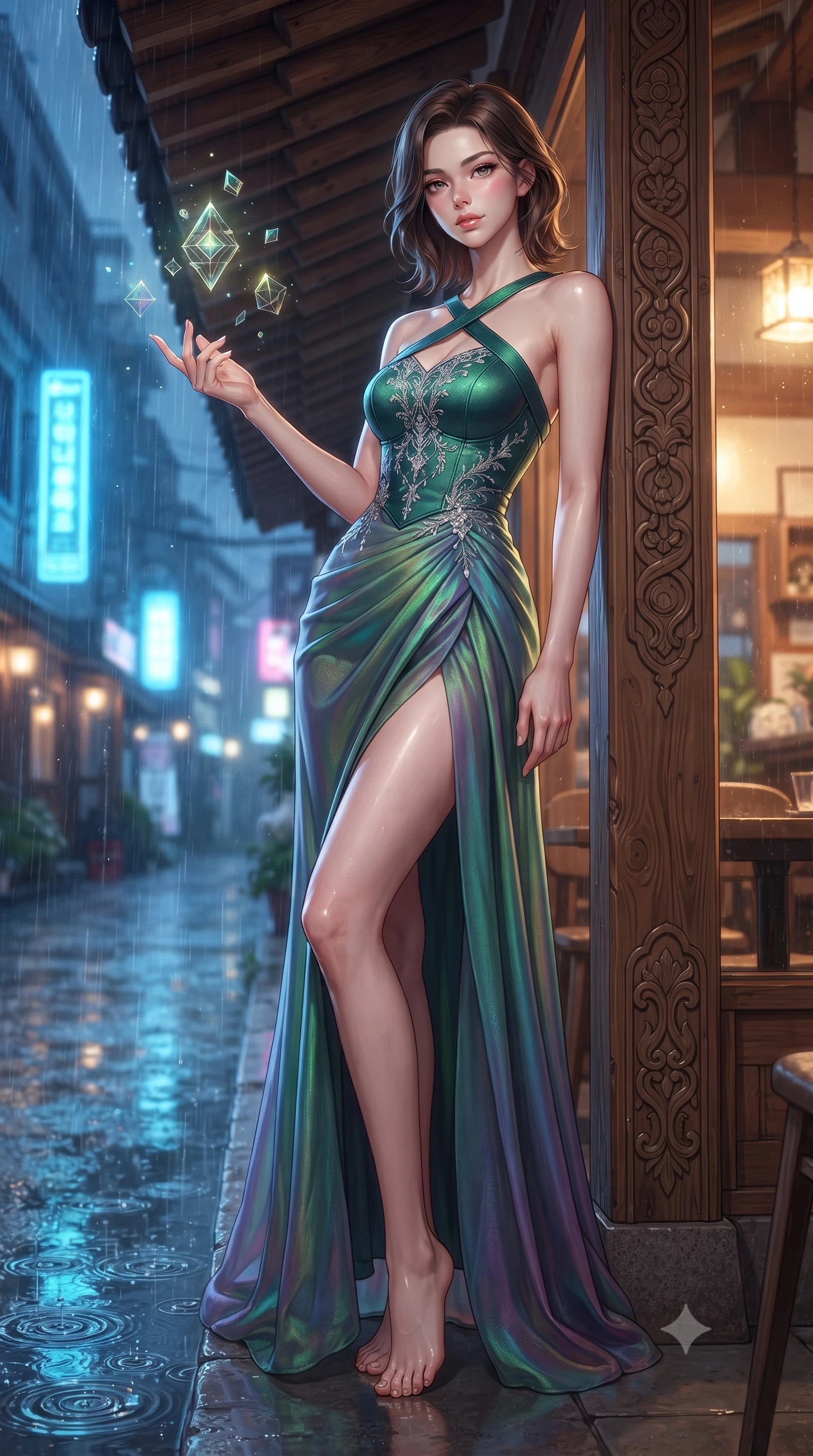 score_9, masterpiece, best quality, ultra-detailed, high-budget anime keyframe, editorial fashion photography, tasteful artistic composition, Korean woman. low angle full-body shot from head to toe showing her feet, filling the entire 9:16 vertical frame with her statuesque presence, stretching her vertical silhouette. interacting gracefully with the magical floating elements while maintaining a confident posture resting on a covered outdoor café terrace as rain drops create ripples nearby, warm indoor cafe glow contrasting beautifully with cool rainy street lighting. She has an absolutely perfect, statuesque 8.5-heads proportion, an exceptionally tall and slender model-like female figure with impossibly long slender legs and an ultra-slim waist. sharp v-shaped jawline, high-bridge nose, intricate jewel-like eyes with depth, thick eyelashes, glossy lips with a natural sheen. wearing a modern fusion silk hanbok dress with a structured bodice in deep emerald green and silver accent, crafted from iridescent chiffon that shifts colors in the light, complemented by criss-cross back straps highlighting her bare shoulders, the glove-like fit emphasizing her statuesque silhouette. drenched in wet neon reflections with brilliant specular highlights on her silhouette. highly saturated vibrant anime colors, detailed shading with soft gradients, rich glossy textures, high-contrast stereoscopic depth, volumetric dynamic lighting, master piece, 9:16 ratio