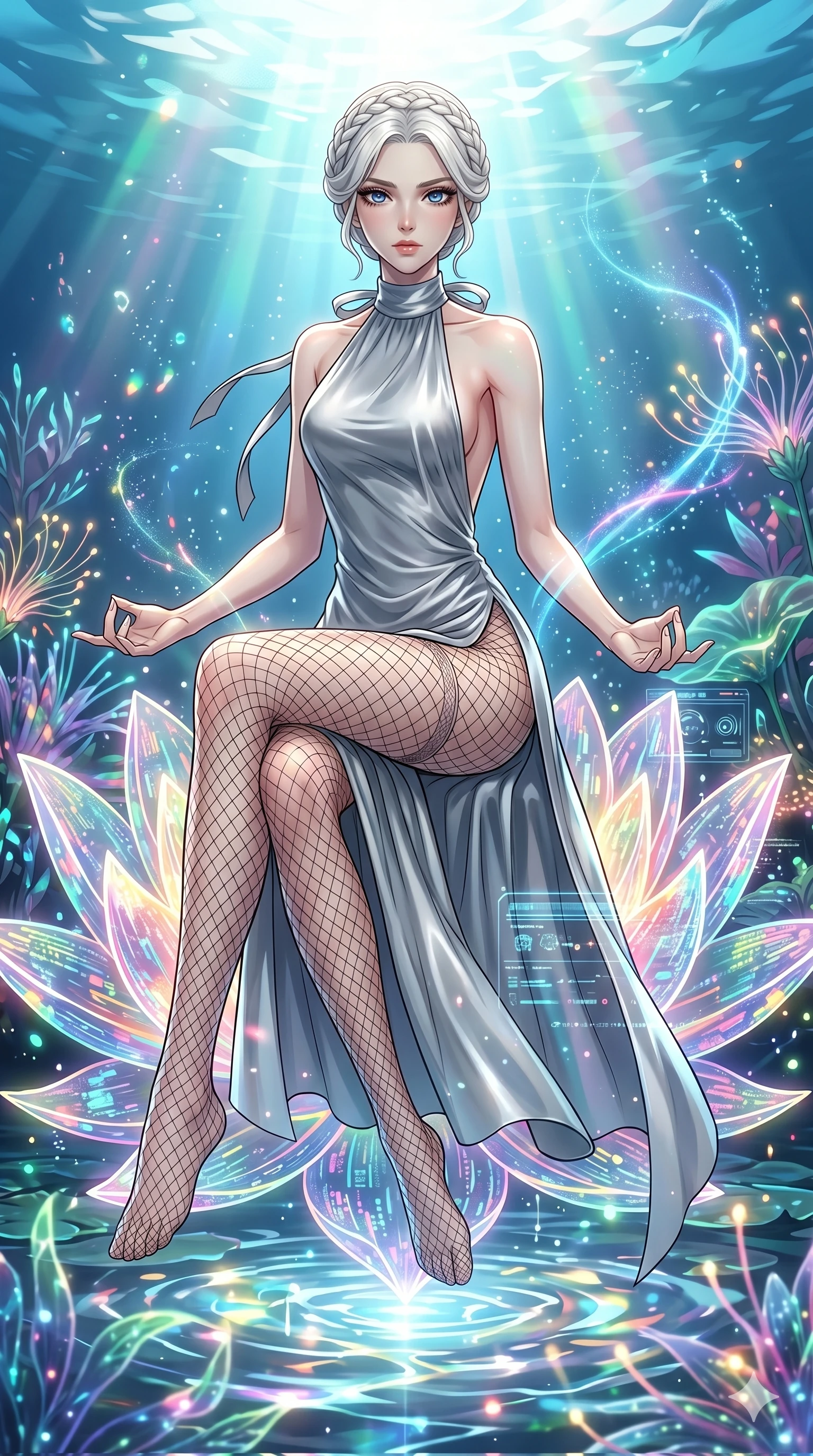 score_9, masterpiece, best quality, ultra-detailed, High-budget Anime Keyframe, vibrant colors, fluid line-art, expressive lighting, cinematic composition, Ufotable-style visual effects, top-tier animation quality, Japanese woman with delicate and elegant anime-inspired features. Dynamic full-body shot stretching the vertical silhouette, capturing her from a powerful low-angle perspective. Meditating atop a massive digital lotus blossom that floats on a pond of liquid light. She has an absolutely perfect 8-heads proportion, an exceptionally tall and slender female figure with impossibly long slender legs and an ultra-slim waist, her statuesque height and towering silhouette dominating the vertical 9:16 frame. Her face is a masterpiece featuring a sharp v-shaped jawline, high-bridge nose, intricate jewel-like eyes with depth, thick eyelashes, and glossy lips with a natural sheen. She is wearing a Backless silk slip dress with a dangerously high side slit and sensual fishnet stockings.. The scene is set in an underwater Eden where the plants are made of light and fiber-optics. 2k, ultra detail, master piece, 9:16 ratio