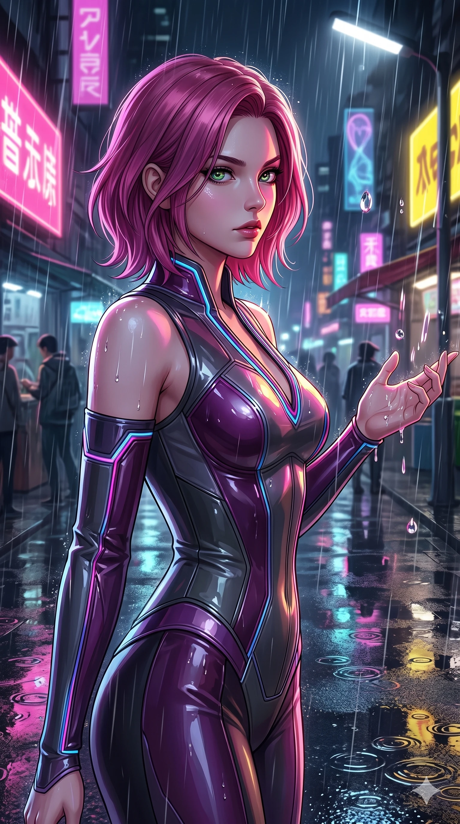 score_9, masterpiece, best quality, ultra-detailed, high-budget anime keyframe, Caucasian woman, strictly human ears. Upper body close-up from the thighs up, character filling the screen for maximum presence. She is turning around sharply in a futuristic night market, with rain reflections on wet asphalt. She reaches out a hand to catch neon-lit rain droplets with an intense, magnetic gaze. She has an absolutely perfect 8-heads proportion, a tall and elegant figure with a refined silhouette and a defined waistline. V-shaped jawline, high-bridge nose, intricate jewel-like eyes with depth, thick eyelashes, glossy lips with a natural sheen. She is wearing a structured cybernetic bodice in glossy vinyl panels, paired with detached sleeves and a refined V-neckline detailed with glowing piping. The scene is lit by bright pink and yellow neon billboards and a sharp white key light tracing her silhouette. 2k, ultra detail, master piece, 9:16 ratio