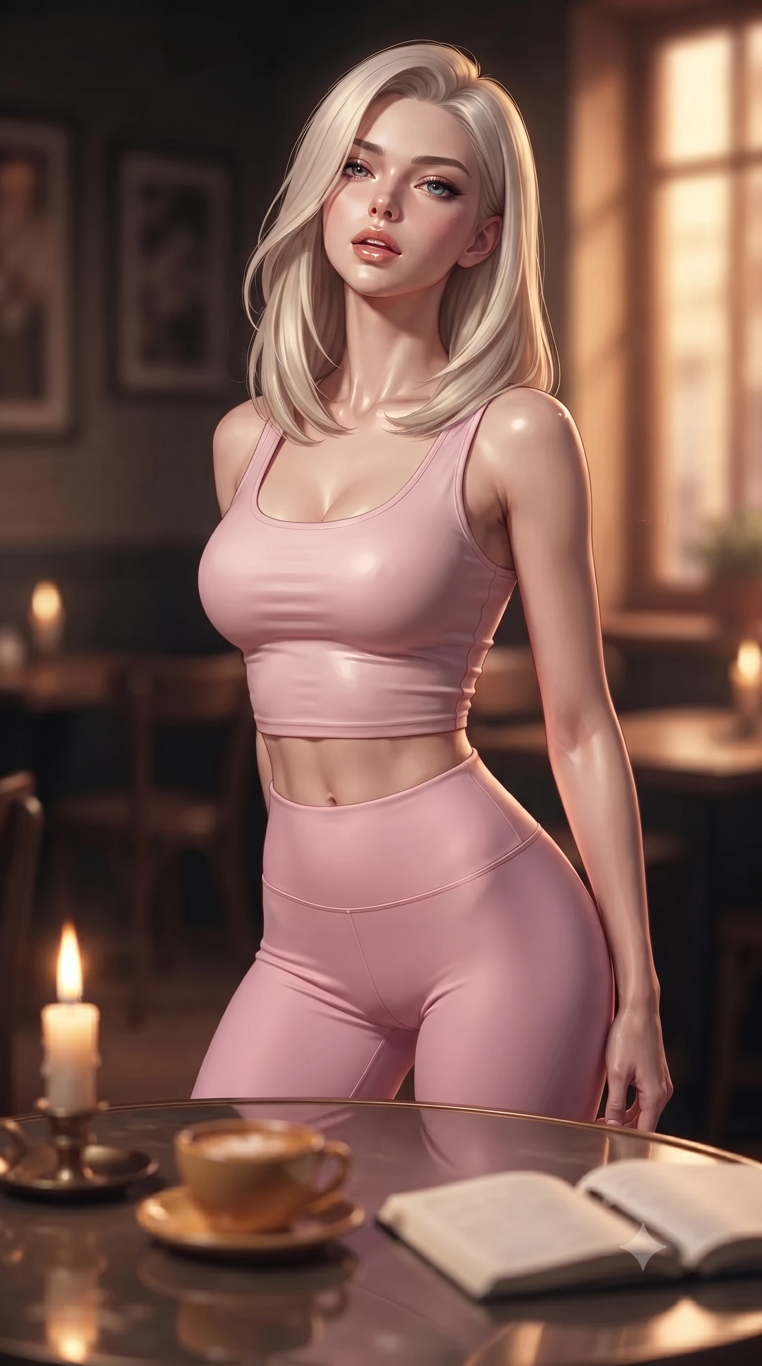 score_9, masterpiece, best quality, ultra-detailed, high-budget anime keyframe, editorial fashion photography, tasteful artistic composition, Caucasian woman. close-up cowboy shot from the waist and thighs up, the character dominates the composition, filling the frame with her large presence, background elements kept in soft focus. tilting her chin up slightly with lips parted in a composed, provocative expression the background shows a soft-focus a quiet cafe corner at midnight with a warm cup of coffee and an open notebook. She has an exceptionally elegant, slender, and willowy female figure with an ultra-slim waist, a gracefully sculpted slender torso, and a refined silhouette. sharp v-shaped jawline, high-bridge nose, intricate jewel-like eyes with depth, thick eyelashes, glossy lips with a natural sheen. wearing a form-contouring body-hugging light pink crop tank top paired with high-waisted tight-fitting leggings. warm flickering candlelight reflecting off the glossy table surface. ultra-reflective glossy finish, specular highlights, metallic sheen, high-contrast stereoscopic depth, volumetric dynamic lighting, 2k, ultra detail, master piece, 9:16 ratio