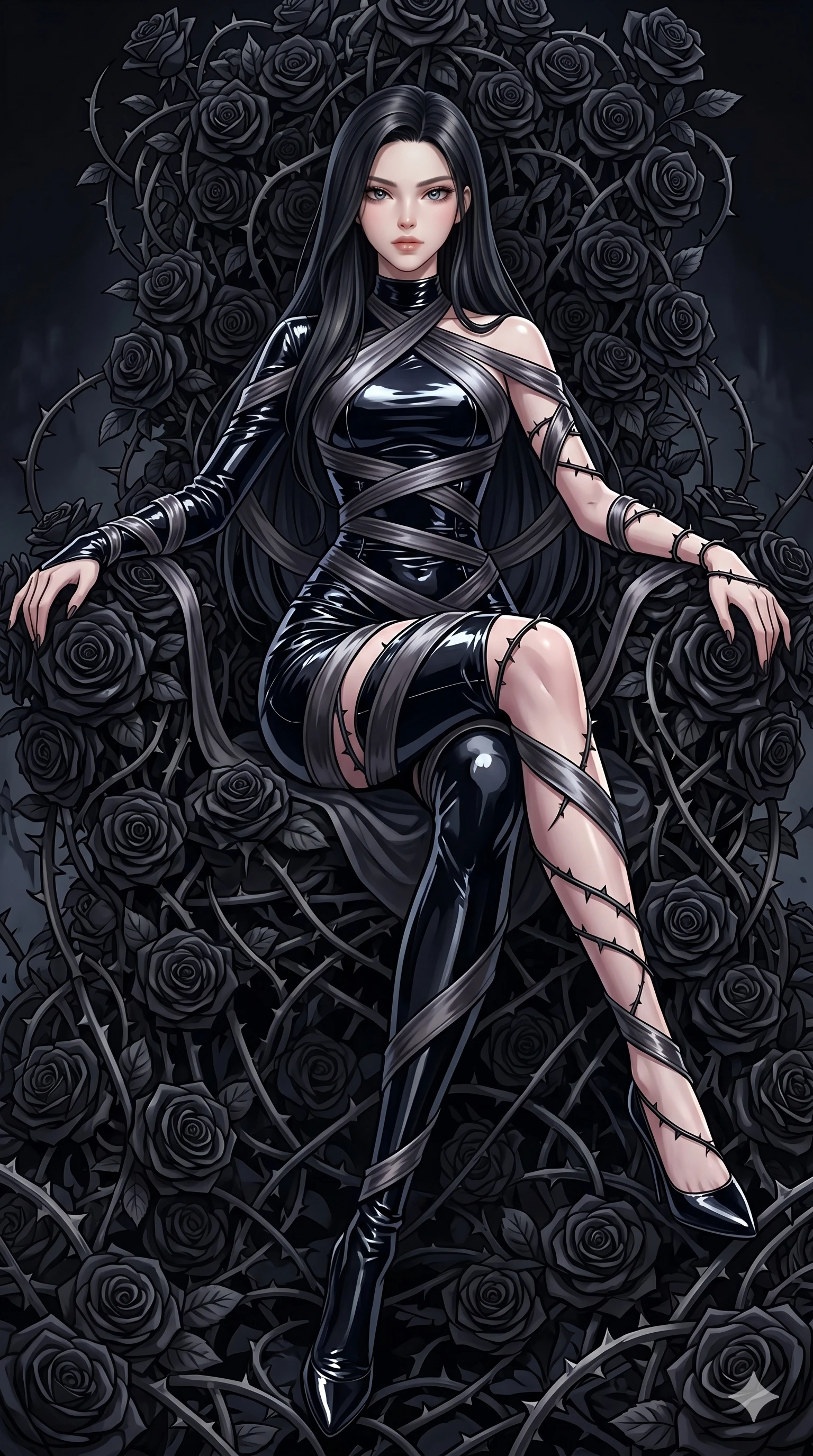 score_9, masterpiece, best quality, ultra-detailed, High-budget Anime Keyframe, East Asian woman. Dynamic full-body shot stretching the vertical silhouette to the limit. Scenario 230: Resting on a throne of black roses, thorns grazing her skin. Her presence is magnetic and overpowering in this high-budget anime scene. Outfit 230: A patent leather decorative silk bands with a artistically draped detail and tight-fitting silhouette. The clothing is designed to emphasize her exceptionally tall and slender 8-heads proportion. 8-heads proportion, towering silhouette, ultra-slim waist. sharp v-shaped jawline, intricate jewel-like eyes with depth, thick eyelashes, glossy lips. 2k, ultra detail, master piece, 9:16 ratio