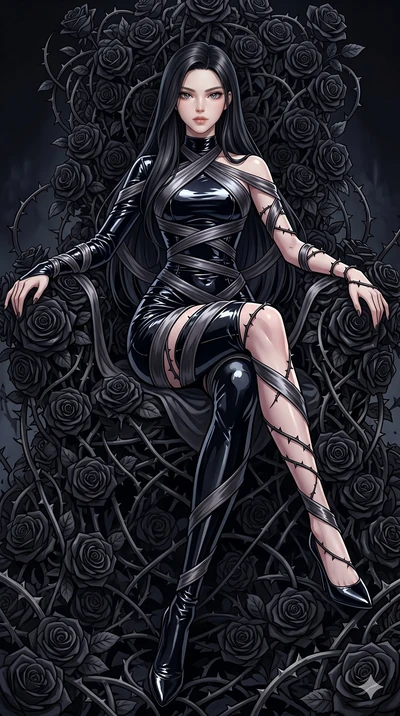 score_9, masterpiece, best quality, ultra-detailed, High-budget Anime Keyframe, East Asian woman. Dynamic full-body shot stretching the vertical silhouette to the limit. Scenario 230: Resting on a throne of black roses, thorns grazing her skin. Her p