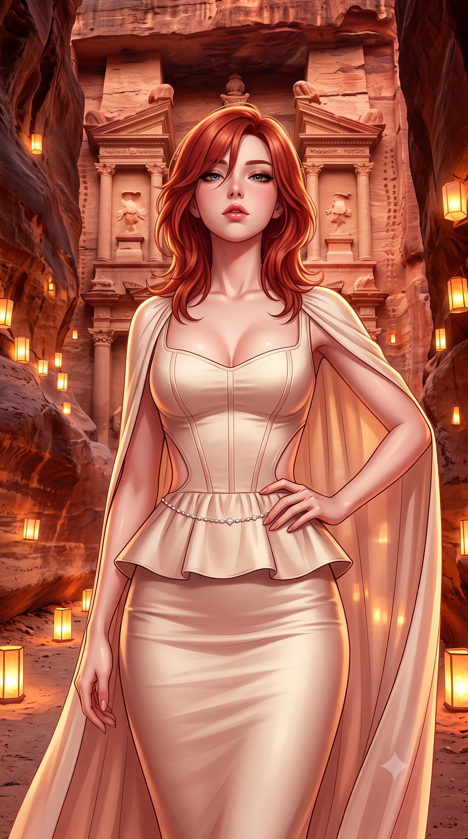 score_9, masterpiece, best quality, ultra-detailed, high-budget anime keyframe, semi-realistic 3D game render, editorial fashion photography, tasteful artistic composition, Korean woman. close-up cowboy shot from the waist and thighs up, the character dominates the composition, filling the frame with her large presence. tilting her chin up with proud, sovereign allure while gazing through thick eyelashes, one hand resting on her waist in pure supermodel charisma while standing in the narrow rose-red sandstone canyon as hundreds of glowing paper lanterns illuminate the path toward the majestic carved Treasury facade. The surrounding environment is rendered in vivid detail and crisp panoramic clarity. detailed silk chiffon cape drape, flickering candlelight sheen on skin, and Petra Treasury facade clarity in high resolution. She has an exceptionally elegant, slender, and willowy female figure with an ultra-slim waist, flat toned midriff, narrow ribcage, and sculpted feminine hips creating an alluring, slim hourglass silhouette without bulk. sharp v-shaped jawline, high-bridge nose, intricate jewel-like eyes with depth, thick eyelashes, glossy parted lips with a natural sheen, intensely captivating and seductive bedroom-eyes expression, flawlessly proportioned anatomical accuracy, strict slender model proportions, natural body alignment, perfectly sculpted long slender limbs, ultra-slim waistline, clean dynamic posture without body distortion. wearing a modern peplum corset dress with side-waist diamond cutouts and an ultra-tight silhouette in vintage champagne ivory and delicate rose gold, made of fluid silk crepe with delicate inner corsetry boning, accented with a dainty diamond waist chain catching the ambient light reflections, the liquid-tight tailored fabric clinging flawlessly to her narrow waist and rounded feminine hips, emphasizing every millimeter of her sculpted slim hourglass curves without any bulky heaviness. illuminated by warm sandstone ambient reflections sharply contouring her razor-sharp jawline, narrow waist, and curvy hips. highly saturated vibrant anime colors, detailed shading with soft gradients, rich glossy textures, high-contrast stereoscopic depth, volumetric dynamic lighting, master piece, 9:16 ratio