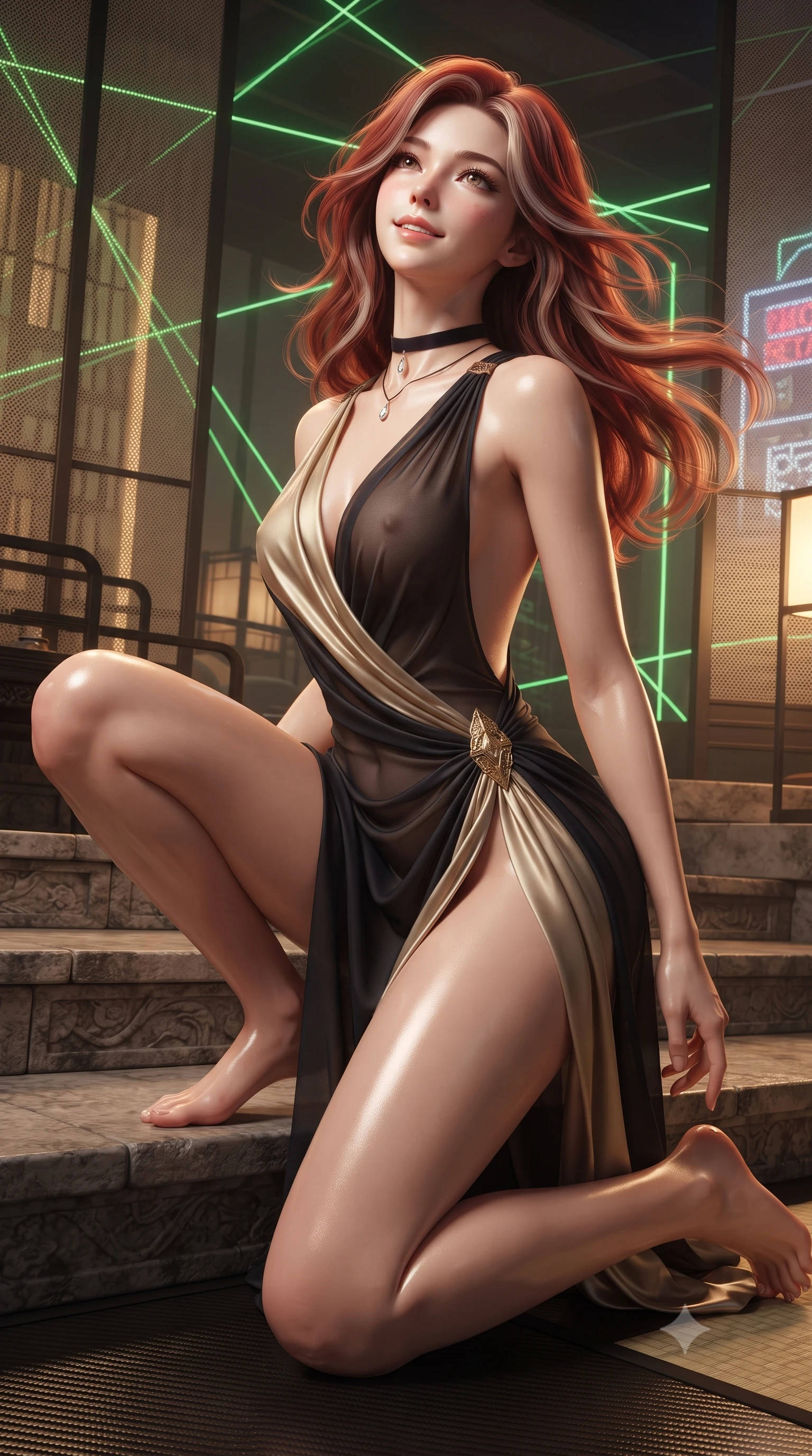 score_9, masterpiece, best quality, ultra-detailed, high-budget anime keyframe, editorial fashion photography, tasteful artistic composition, Caucasian woman. low angle full-body shot from head to toe showing her feet, filling the entire 9:16 vertical frame with her statuesque presence, stretching her vertical silhouette. sitting poised on the stone steps with one knee bent, arching her spine with supermodel elegance as she glances upward through thick eyelashes while kneeling gracefully on the black carbon-fiber tatami with hips angled back, arching her lower back with breathless traditional-cyber allure. The surrounding environment is rendered in vivid detail and crisp panoramic clarity: detailed modern cheongsam-inspired sheer mesh dress tailoring, jade hairpin gleam, and precision interior craft in razor-sharp precision. She has an absolutely perfect, statuesque 8.5-heads proportion, an exceptionally tall and slender model-like female figure with impossibly long slender legs, an ultra-slim waist, a flat toned midriff, narrow delicate ribcage, and beautifully sculpted feminine hips creating a graceful, slim hourglass silhouette without any bulky heaviness. sharp v-shaped jawline, high-bridge nose, sparkling eyes with hypnotic seductive depth, thick curled eyelashes, glossy parted lips with a natural dewy peach sheen, alluring bedroom-eyes with an enchanting coquettish smile, exuding magnetic siren charisma and sophisticated glamour, flawlessly proportioned anatomical accuracy, strict slender model proportions, natural body alignment, perfectly sculpted long slender limbs, ultra-slim waistline, clean dynamic posture without body distortion. wearing a draped Greek-goddess style silk chiffon mini toga dress with an open back and golden hip fibula in midnight obsidian black and liquid champagne gold, made of semi-opaque stretch illusion mesh with soft shadowy contours, finished with a thin velvet ribbon choker and a single teardrop diamond pendant, the high-slit wrap tailoring accentuating her ultra-slim waistline and the enchanting curve of her feminine hips with alluring seductive charm. bathed in warm 2800K tea table downlighting mixed with vibrant green laser lattice accents and exterior neon fill. ultra-reflective glossy finish, specular highlights, rich textural contrasts, high-contrast stereoscopic depth, volumetric dynamic lighting, 2k, ultra detail, master piece, 9:16 ratio