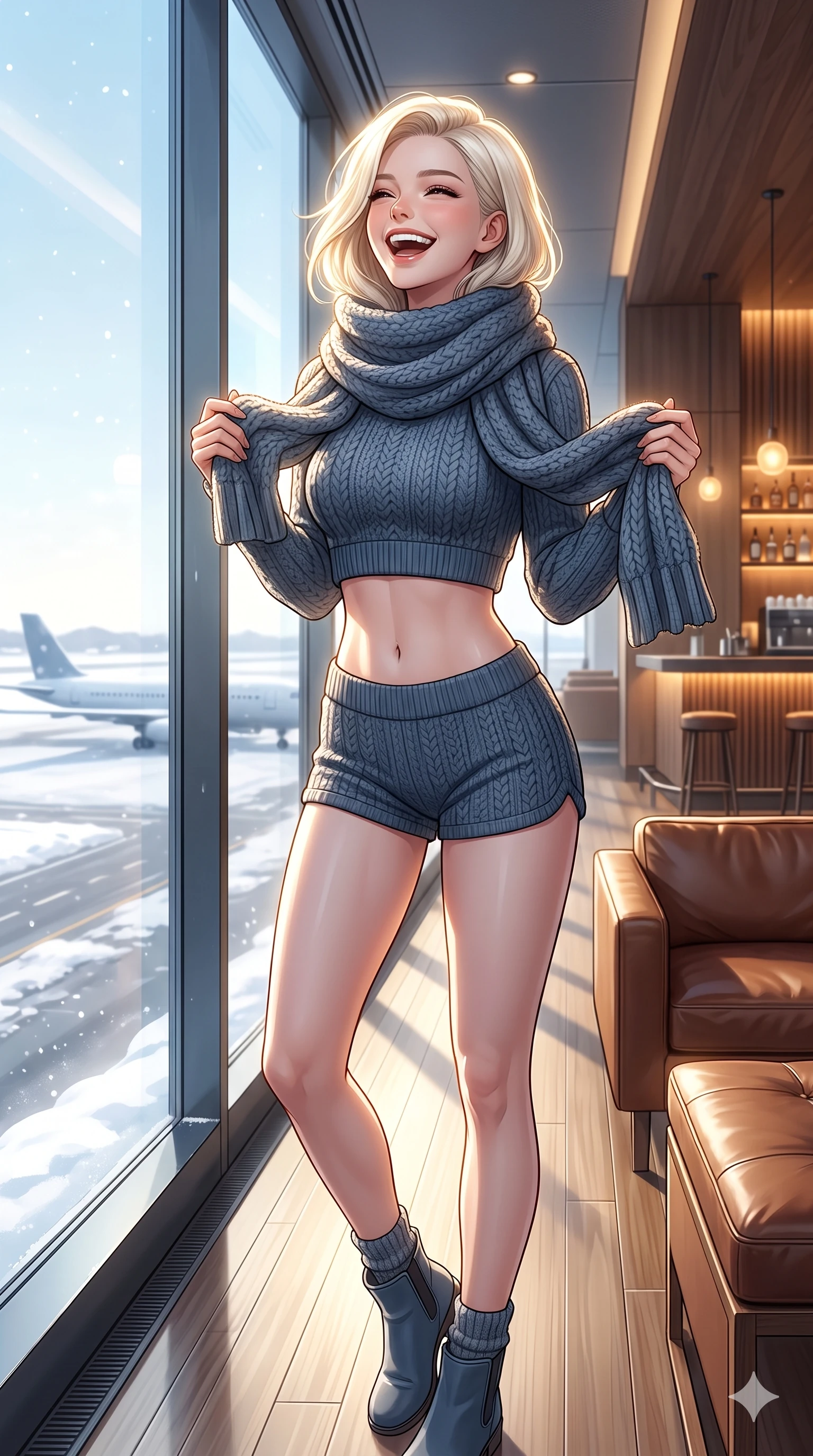 score_9, masterpiece, best quality, ultra-detailed, high-budget anime keyframe, vibrant anime aesthetic, Caucasian woman, strictly human ears. cowboy shot from the thighs up, character and outfit filling the frame for maximum presence. She is posing with a cheerful laugh while holding a warm woolen scarf in winter inside a premium airport lounge with snowy runway views (Code-P21-089). She has an absolutely perfect 8-heads proportion, an exceptionally tall and slender female figure with impossibly long slender legs and an ultra-slim waist. V-shaped jawline, high-bridge nose, intricate jewel-like eyes with depth, thick eyelashes, glossy lips with a natural sheen. wearing a crop top showing her bare midriff and micro-shorts in winter knit wool. She is drenched in brilliant midday winter sunbeams, casting a radiant halo around her hair. 2k, ultra detail, master piece, 9:16 ratio