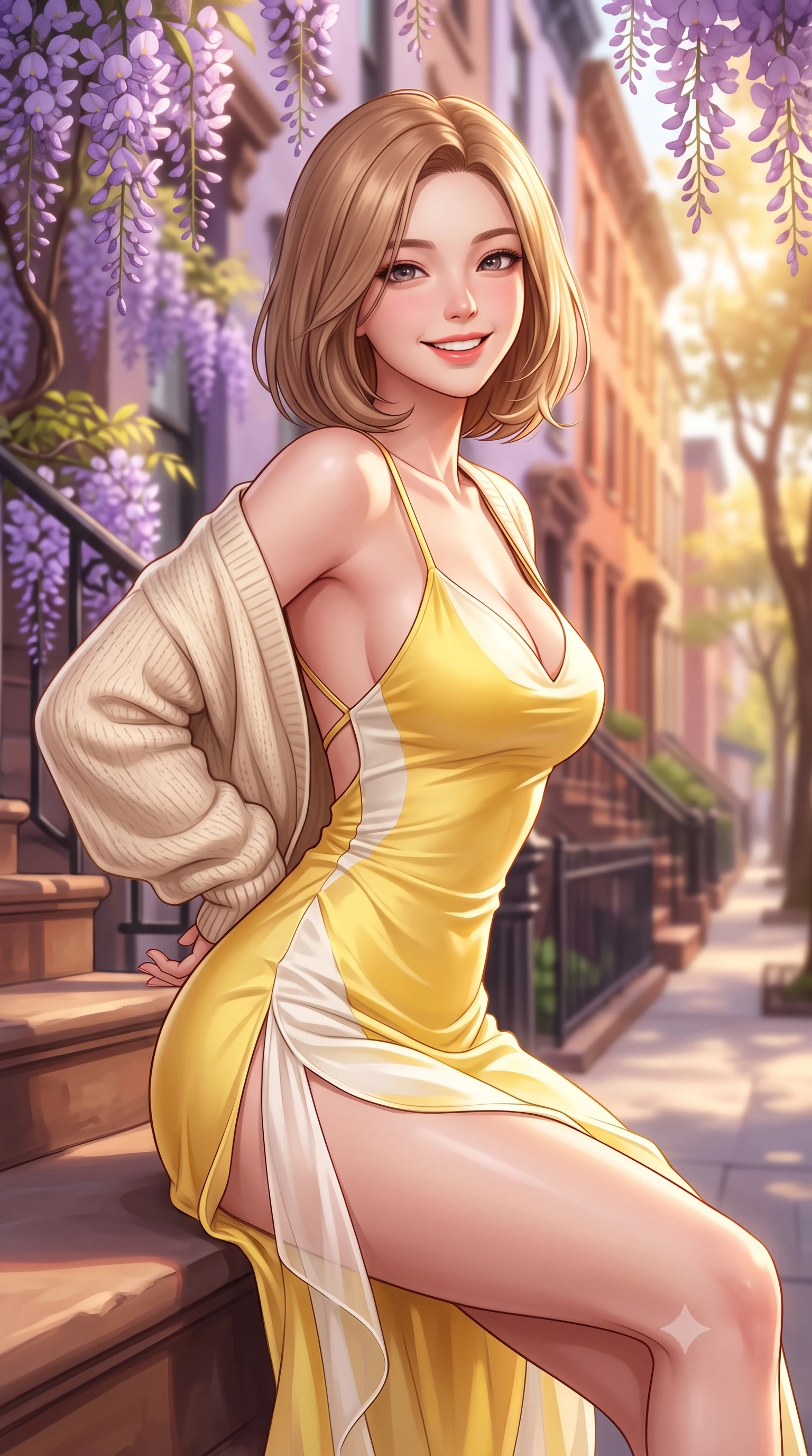 score_9, masterpiece, best quality, ultra-detailed, high-budget anime keyframe, semi-realistic 3D game render, editorial fashion photography, tasteful artistic composition, Korean woman. close-up cowboy shot from the waist and thighs up, the character dominates the composition, filling the frame with her large presence. resting both hands lightly behind her back while leaning toward the lens with a cheerful, teasing grin, her form-fitting outfit hugging her narrow waist and feminine hip curve while sitting gracefully on the warm brownstone stone steps beneath cascading purple wisteria vines, arching her lower back with a radiant, cute smile. The composition keeps background elements in soft focus with dreamy creamy bokeh. blooming purple wisteria vines and tree-lined historic West Village brownstones blurred into soft lavender, warm terracotta, and gold bokeh. She has an exceptionally elegant, slender, and willowy female figure with an ultra-slim waist, flat toned midriff, narrow ribcage, and sculpted feminine hips creating an alluring, slim hourglass silhouette without bulk. sharp v-shaped jawline, high-bridge nose, intricate jewel-like sparkling eyes with depth, thick eyelashes, glossy parted lips with a natural peach sheen, bright cheerful beaming smile with an enchanting and coquettish sensual glint, exuding both youthful cute charm and seductive allure, flawlessly proportioned anatomical accuracy, strict slender model proportions, natural body alignment, perfectly sculpted long slender limbs, ultra-slim waistline, clean dynamic posture without body distortion. wearing a breezy silk-satin slip dress featuring a thigh-high side slit ascending to the high hip and criss-cross back straps in bright butter yellow and fresh cream white, woven from layered gossamer organza with weightless flutter, complemented by an oversized soft knit cardigan slipping off one bare shoulder, the high-waisted tailoring accentuating her ultra-slim waistline and the enchanting curve of her feminine hips with alluring charm. bathed in warm, golden afternoon sunlight streaming down the historic tree-lined street. highly saturated vibrant anime colors, detailed shading with soft gradients, rich glossy textures, high-contrast stereoscopic depth, volumetric dynamic lighting, master piece, 9:16 ratio