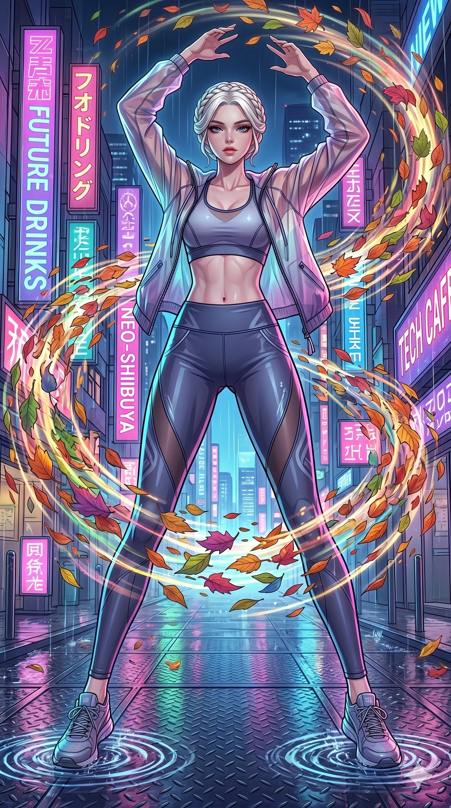 score_9, masterpiece, best quality, ultra-detailed, Set C: High-budget Anime Keyframe, Korean woman. Low angle cowboy shot filling the entire 9:16 frame with her statuesque presence. Summoning a vortex of colorful leaves in a futuristic Tokyo street with neon signs. She has an absolutely perfect 8-heads proportion, an exceptionally tall and slender female figure with impossibly long slender legs and an ultra-slim waist. Sharp v-shaped jawline, high-bridge nose, intricate jewel-like eyes with depth, thick eyelashes, glossy lips. Wearing a Premium Athleisure outfit: sleek activewear with a sheer windbreaker and exposed midriff. Background is a bright and colorful city street with vibrant neon, rain reflections, and swirling fall foliage. 2k, ultra detail, master piece, 9:16 ratio