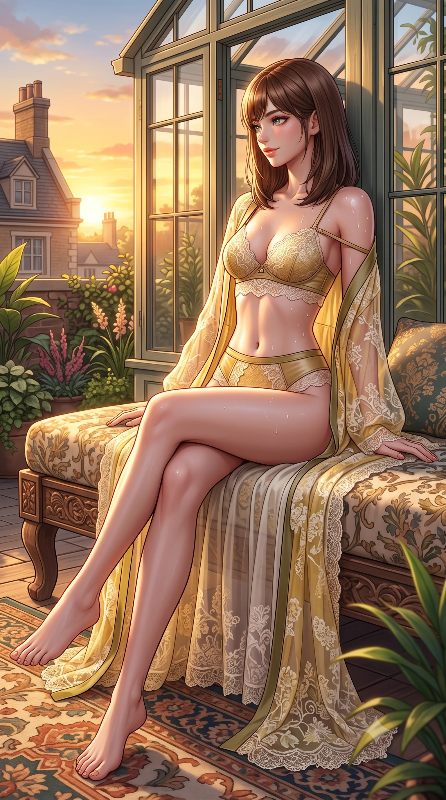score_9, masterpiece, best quality, ultra-detailed, high-budget anime keyframe, semi-realistic 3D game render, editorial fashion photography, tasteful artistic composition, Korean woman. low angle full-body shot from head to toe showing her feet, filling the entire 9:16 vertical frame with her statuesque presence, stretching her vertical silhouette. lounging on the lavish daybed with legs crossed and hips angled toward the camera, displaying her toned midriff and long slender limbs with effortless siren poise while leaning against the glasshouse exterior doorframe with hips cocked back, looking over a bare shoulder toward the golden sunset horizon. The surrounding environment is rendered in vivid detail and crisp panoramic clarity: detailed lace corset bodice drape, sun-kissed skin highlights, and country estate architecture in razor-sharp precision. She has an absolutely perfect, statuesque 8.5-heads proportion, an exceptionally tall and slender model-like female figure with impossibly long slender legs, an ultra-slim waist, a flat toned midriff, narrow delicate ribcage, and beautifully sculpted feminine hips creating a graceful, slim hourglass silhouette without any bulky heaviness. sharp v-shaped jawline, high-bridge nose, sparkling eyes with hypnotic seductive depth, thick curled eyelashes, glossy parted lips with a natural dewy peach sheen, alluring bedroom-eyes with an enchanting coquettish smile, exuding magnetic siren charisma and sophisticated glamour, flawlessly proportioned anatomical accuracy, strict slender model proportions, natural body alignment, perfectly sculpted long slender limbs, ultra-slim waistline, clean dynamic posture without body distortion. wearing a delicate sheer lace boudoir robe worn loose and slipping off bare shoulders over a matching strappy bralette and briefs in sunlit daisy yellow and gardenia cream with olive accents, woven from buttery-soft stretch lambskin leather adhering to her body like a second skin, complemented by glistening drops of moisture beading across her sculpted shoulders and flat midriff, the second-skin tailored fabric adhering flawlessly to her sculpted flat midriff and slender torso, emphasizing her long leg lines and perfectly proportioned willowy build. bathed in rich golden hour sunset illumination washing horizontally across the rooftop garden. highly saturated vibrant anime colors, detailed shading with soft gradients, rich glossy textures, high-contrast stereoscopic depth, volumetric dynamic lighting, master piece, 9:16 ratio