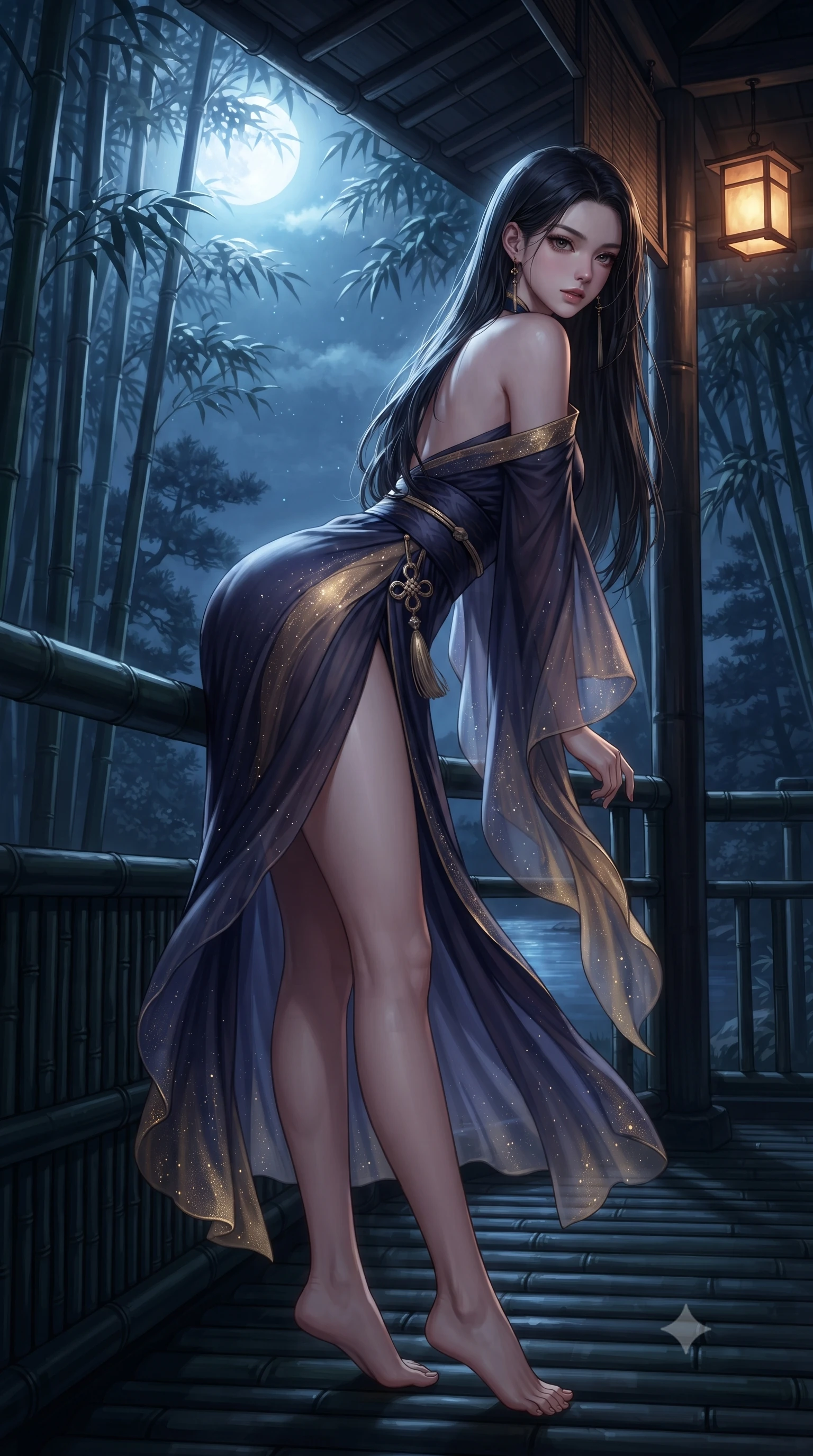 score_9, masterpiece, best quality, ultra-detailed, high-budget anime keyframe, editorial fashion photography, tasteful artistic composition, Korean woman. low angle full-body shot from head to toe showing her feet, filling the entire 9:16 vertical frame with her statuesque presence, stretching her vertical silhouette. leaning deep against the structural architecture with hips cocked in an unapologetically bold, seductive high-fashion stance while leaning forward over the dark bamboo veranda railing with lower back arched, looking over her bare shoulder into the moonlit bamboo grove. The composition keeps background elements in soft focus with creamy bokeh. distant Katsura river waters and dark pine silhouettes softened in dreamy nocturnal shallow focus. She has an absolutely perfect, statuesque 8.5-heads proportion, an exceptionally tall and slender model-like female figure with impossibly long slender legs, a toned flat midriff, an ultra-slim waist, and beautifully sculpted feminine hips. sharp v-shaped jawline, high-bridge nose, intricate jewel-like eyes with depth, thick eyelashes, glossy parted lips with a natural sheen, intensely captivating and seductive bedroom-eyes expression, flawlessly proportioned anatomical accuracy, strict slender model proportions, natural body alignment, perfectly sculpted long slender limbs, ultra-slim waistline, clean dynamic posture without body distortion. wearing a traditional-modern silk fusion wrap dress with asymmetric trailing sleeves and waist-cinching obi in midnight indigo and glowing starlight gold, woven from sheer cascading chiffon that ripples like water, accented with a glowing metallic norigae knot charm resting against her hip, the glove-like aerodynamic silhouette tightly following the natural contour of her hips and long slender legs with statuesque precision. bathed in cool silver full-moon light streaming through the bamboo canopy and warm amber lantern downlights. ultra-reflective glossy finish, specular highlights, rich textural contrasts, high-contrast stereoscopic depth, volumetric dynamic lighting, 2k, ultra detail, master piece, 9:16 ratio