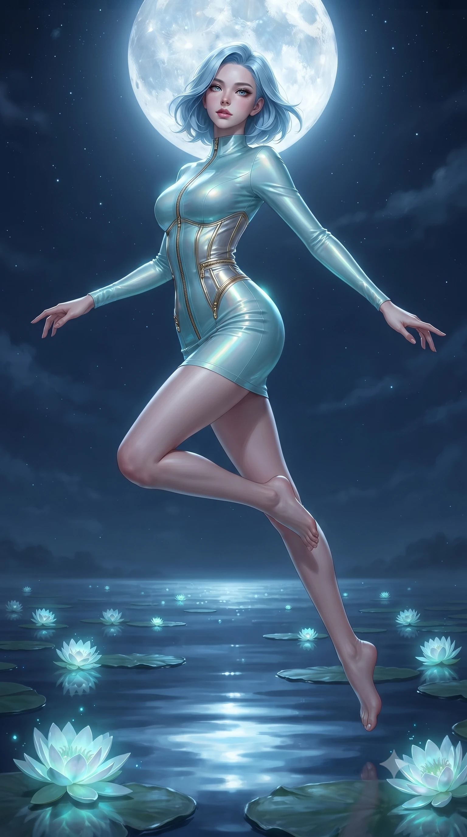 score_9, masterpiece, best quality, ultra-detailed, high-budget anime keyframe, editorial fashion photography, tasteful artistic composition, Korean woman. low angle full-body shot from head to toe showing her feet, filling the entire 9:16 vertical frame with her statuesque presence, stretching her vertical silhouette. leaping dynamically through the luminous sky, her posture full of power and elegance, poised beside a tranquil lily pond reflecting cold silver moonlight and glowing flowers, night-blooming white moonflowers emitting soft bioluminescent turquoise and silver light. She has an absolutely perfect, statuesque 8.5-heads proportion, an exceptionally tall and slender model-like female figure with impossibly long slender legs and an ultra-slim waist. sharp v-shaped jawline, high-bridge nose, intricate jewel-like eyes with depth, thick eyelashes, glossy lips with a natural sheen. wearing glove-like fit pale turquoise latex bodycon mini dress in glowing ivory, made of iridescent turquoise taffeta, finished with metallic gold boning and sleek zipper points, accentuating her gracefully sculpted slender torso. bathed in cold silver moonlight with subtle turquoise rim highlights. ultra-reflective glossy finish, specular highlights, metallic sheen, high-contrast stereoscopic depth, volumetric dynamic lighting, 2k, ultra detail, master piece, 9:16 ratio