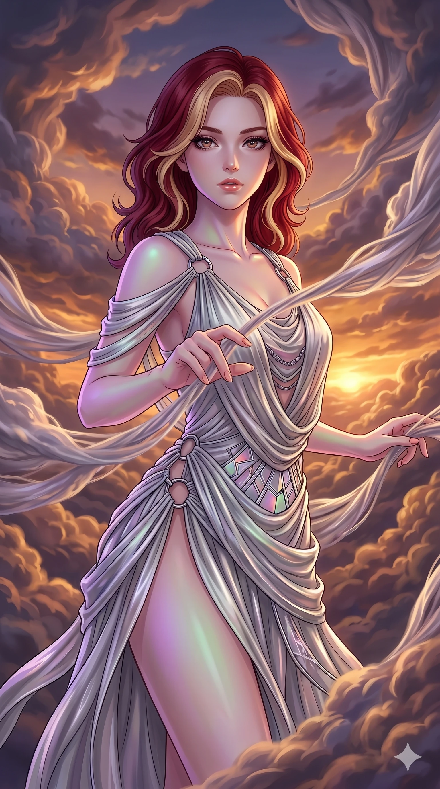 score_9, masterpiece, best quality, ultra-detailed, high-budget anime keyframe, Caucasian woman, strictly human ears. upper body close-up from the thighs up, character filling the screen for maximum presence. threading through a volumetric cloud weave where storm clouds are spun like silk thread under a dramatic sunset glow. She has an absolutely perfect 8-heads proportion, an exceptionally tall and slender female figure with impossibly long slender legs and an ultra-slim waist. V-shaped jawline, high-bridge nose, intricate jewel-like eyes with depth, thick eyelashes, glossy lips with a natural sheen.. wearing a draped Grecian cyber-gown, featuring draped silver metallic chiffon held by metal ring hardware, displaying a high-leg line. enhanced by a luminous pastel spectrum glow, casting elegant rim lights on her shoulders and jawline. 2k, ultra detail, master piece, 9:16 ratio