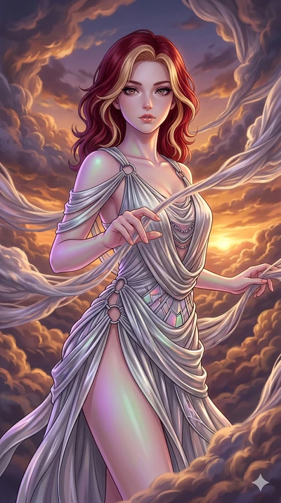 score_9, masterpiece, best quality, ultra-detailed, high-budget anime keyframe, Caucasian woman, strictly human ears. upper body close-up from the thighs up, character filling the screen for maximum presence. threading through a volumetric cloud weav