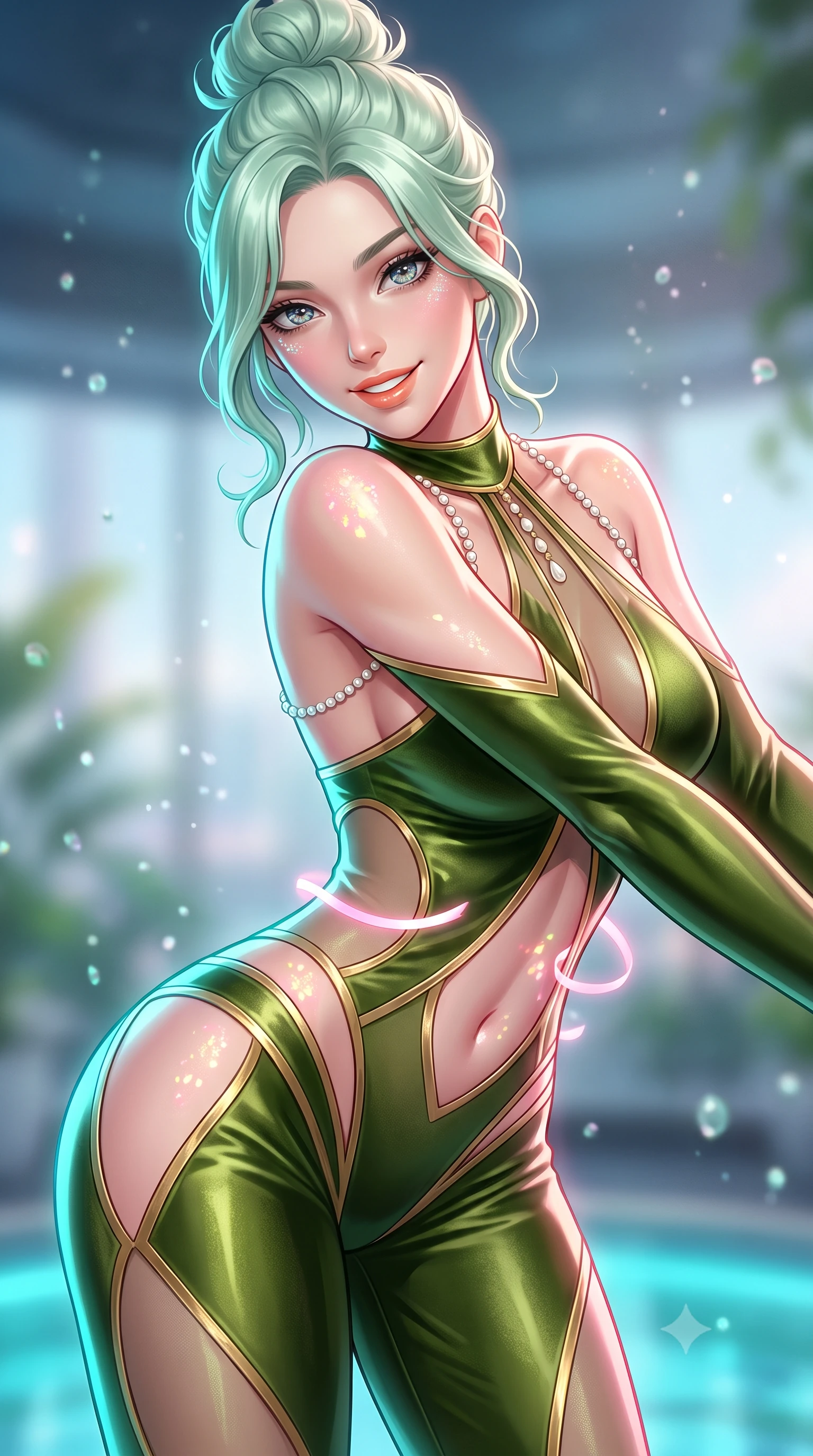 score_9, masterpiece, best quality, ultra-detailed, high-budget anime keyframe, semi-realistic 3D game render, editorial fashion photography, tasteful artistic composition, Japanese woman. close-up cowboy shot from the waist and thighs up, the character dominates the composition, filling the frame with her large presence. leaning forward while arching her lower back to accentuate her curvy hips, looking into the camera with an intoxicating smoldering gaze and bedroom-eyes while twisting her slender torso in an alluring S-curve, glowing floral pollen and soft pink LED ribbons tracing her dewy skin and flat midriff. The background shows a soft-focus gentle nutrient mist droplets softened in orbital botanical penthouse shallow focus. She has an exceptionally elegant, slender, and willowy female figure with an ultra-slim waist, flat toned midriff, narrow ribcage, and sculpted feminine hips creating an alluring, slim hourglass silhouette without bulk. sharp v-shaped jawline, high-bridge nose, intricate jewel-like sparkling eyes with depth, thick eyelashes, glossy parted lips with a natural peach sheen, bright cheerful beaming smile with an enchanting and coquettish sensual glint, exuding both youthful cute charm and seductive allure, flawlessly proportioned anatomical accuracy, strict slender model proportions, natural body alignment, perfectly sculpted long slender limbs, ultra-slim waistline, clean dynamic posture without body distortion. wearing an ultra-daring sheer vinyl-trimmed illusion mesh catsuit with strategic translucent cutouts along her hips and torso in Gion antique matcha green and gilded gold leaf, tailored from ultra-plush silk velvet with rich tactile depth and deep shadow gradients, accented with a pearl-drop body harness subtly framing her dewy collarbones and spine, the liquid-tight tailored fabric clinging flawlessly to her narrow waist and rounded feminine hips, emphasizing every millimeter of her sculpted slim hourglass curves without any bulky heaviness. illuminated by floor reflection fill and sharp electric-cyan and rose rim lights defining her dewy collarbones, ultra-slim waist, and curvy hips. highly saturated vibrant anime colors, detailed shading with soft gradients, rich glossy textures, high-contrast stereoscopic depth, volumetric dynamic lighting, master piece, 9:16 ratio