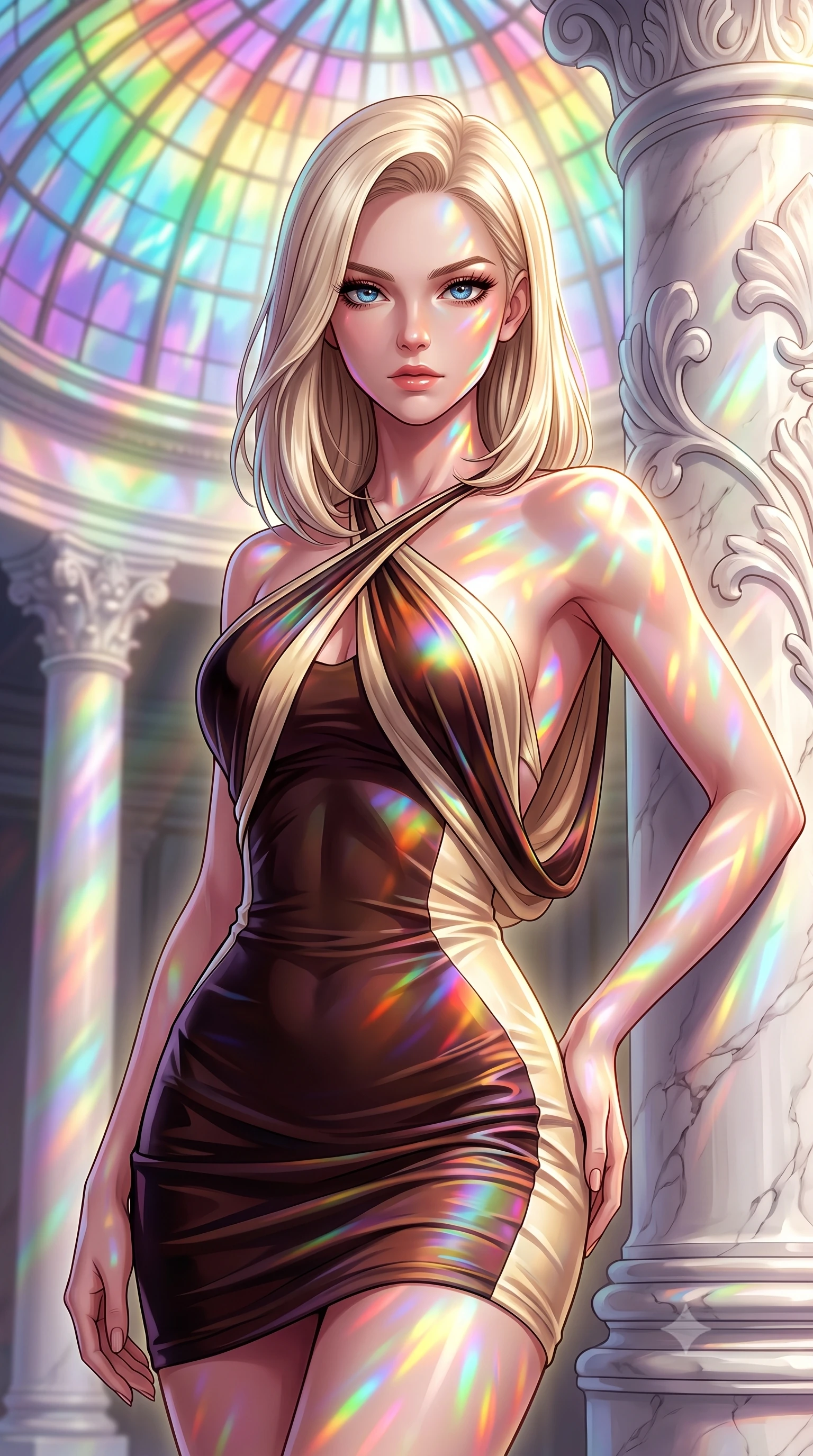 score_9, masterpiece, best quality, ultra-detailed, high-budget anime keyframe, editorial fashion photography, tasteful artistic composition, Caucasian woman. close-up cowboy shot from the waist and thighs up, the character dominates the composition, filling the frame with her large presence, background elements kept in soft focus. Holding a confident power pose with one hand on her hip, gazing directly into the camera with quiet intensity resting against a sculpted white marble pillar under a rainbow dome, vibrant rainbow light patterns projected across her skin and costume. She has an exceptionally elegant, slender, and willowy female figure with an ultra-slim waist, a gracefully sculpted slender torso, and a refined silhouette. sharp v-shaped jawline, high-bridge nose, intricate jewel-like eyes with depth, thick eyelashes, glossy lips with a natural sheen. wearing a precision-fitted liquid jersey bodycon dress with a draped back in espresso brown and warm cream, crafted from iridescent chiffon that shifts colors in the light, complemented by criss-cross back straps highlighting her bare shoulders, the form-contouring material highlighting her ultra-slim waist and long lines. surrounded by a glowing divine aura of sunbeams and incense radiance. highly saturated vibrant anime colors, detailed shading with soft gradients, rich glossy textures, high-contrast stereoscopic depth, volumetric dynamic lighting, master piece, 9:16 ratio