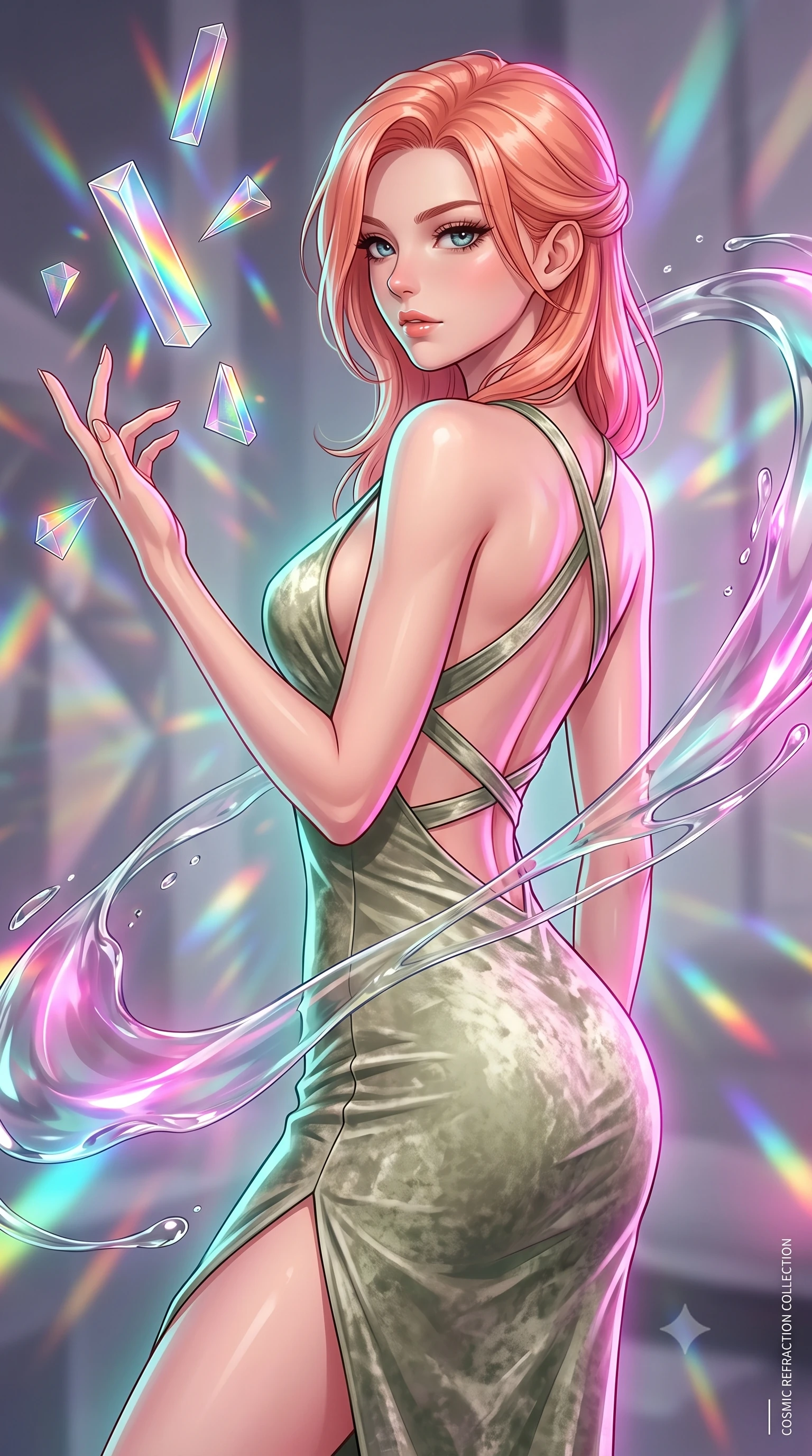 score_9, masterpiece, best quality, ultra-detailed, high-budget anime keyframe, editorial fashion photography, tasteful artistic composition, Japanese woman. close-up cowboy shot from the waist and thighs up, the character dominates the composition, filling the frame with her large presence, background elements kept in soft focus. Gazing past the camera with an air of effortless elegance and mysterious confidence interacting with floating glass prisms that refract liquid light into rainbows, translucent liquid acrylic trails creating dynamic motion paths. She has an exceptionally elegant, slender, and willowy female figure with an ultra-slim waist, a gracefully sculpted slender torso, and a refined silhouette. sharp v-shaped jawline, high-bridge nose, intricate jewel-like eyes with depth, thick eyelashes, glossy lips with a natural sheen. wearing a backless crushed velvet gown with a deep V-neckline and high thigh slit in sage green and oatmeal, formed from sleek second-skin neoprene, complemented by criss-cross back straps highlighting her bare shoulders, the tailored fabric tightly following every curve of her athletic build. surrounded by a radiant glow of magenta and aqua fluid highlights. highly saturated vibrant anime colors, detailed shading with soft gradients, rich glossy textures, high-contrast stereoscopic depth, volumetric dynamic lighting, master piece, 9:16 ratio