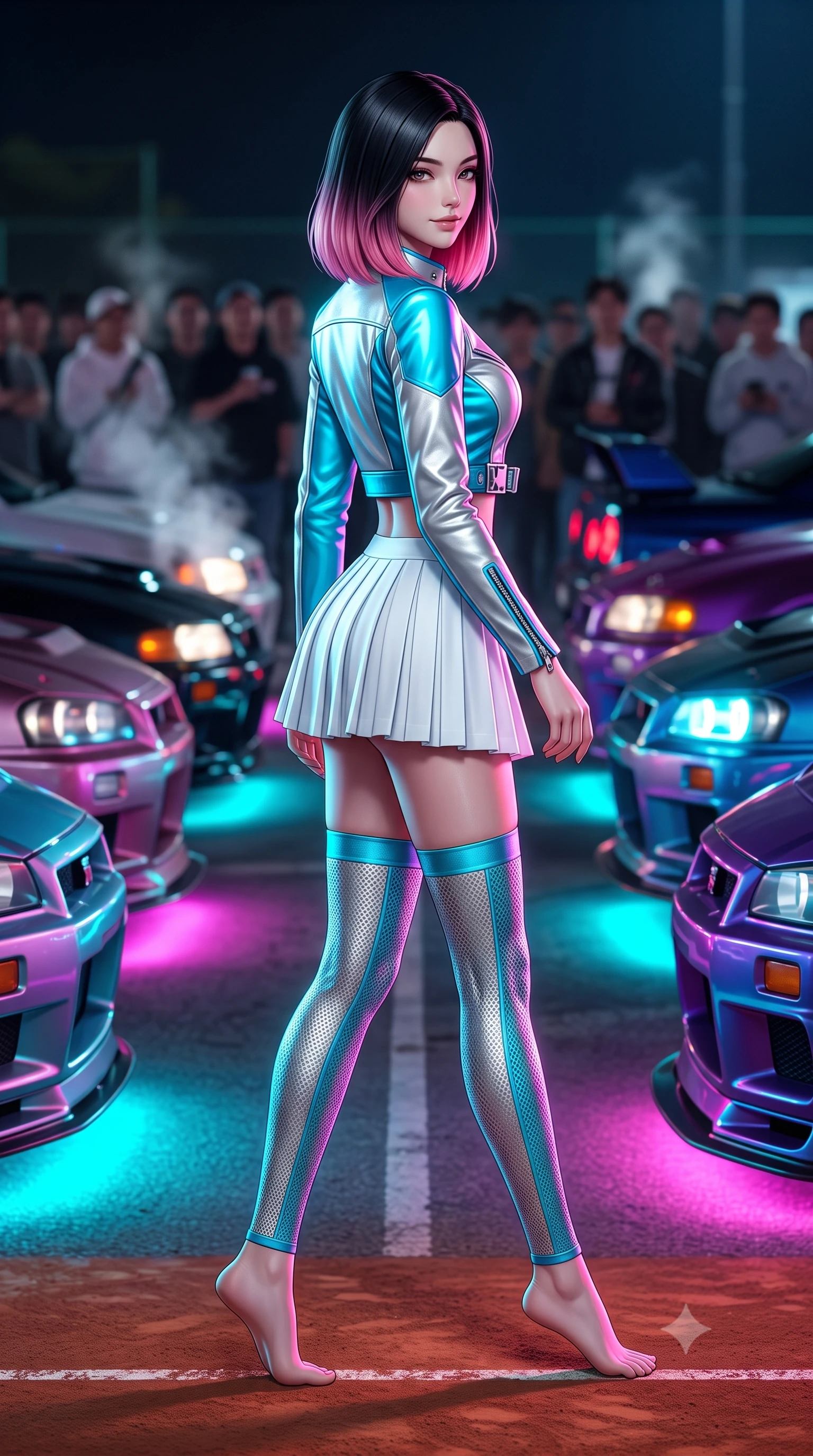 score_9, masterpiece, best quality, ultra-detailed, high-budget anime keyframe, semi-realistic 3D game render, editorial fashion photography, tasteful artistic composition, Korean woman. low angle full-body shot from head to toe showing her feet, filling the entire 9:16 vertical frame with her statuesque presence, stretching her vertical silhouette. walking slowly along the clay court baseline, looking back over her shoulder with an air of effortless grace and an alluring, smoldering smile while walking slowly down the row of roaring tuned engines with sovereign swagger, her long slender legs and hourglass curves commanding the car meet. The background shows a soft-focus steaming exhausts and crowds of car enthusiasts softened in iconic Japanese car-culture shallow focus. She has an absolutely perfect, statuesque 8.5-heads proportion, an exceptionally tall and slender model-like female figure with impossibly long slender legs, an ultra-slim waist, a flat toned midriff, narrow delicate ribcage, and beautifully sculpted feminine hips creating a graceful, slim hourglass silhouette without any bulky heaviness. sharp v-shaped jawline, high-bridge nose, sparkling eyes with athletic focus and depth, thick curled eyelashes, glossy parted lips with a natural coral-peach sheen, bright confident and coquettish smile with alluring bedroom-eyes, exuding both youthful sporty vigor and sovereign high-society glamour, flawlessly proportioned anatomical accuracy, strict slender model proportions, natural body alignment, perfectly sculpted long slender limbs, ultra-slim waistline, clean dynamic posture without body distortion. wearing a cropped zip-front racing leather bolero jacket paired with a micro-pleated white tennis mini-skirt and thigh-high sports socks in metallic liquid silver and electric cyan, woven from semi-opaque performance athletic mesh with hexagonal micro-perforations, finished with polished chrome zipper pulls and racing harness buckle hardware, the glove-like aerodynamic silhouette tightly following the natural contour of her hips and long slender legs with youthful 8.5-heads elegance. bathed in intense saturated underglow neons in electric cyan and magenta contrasting with night shadows. highly saturated vibrant anime colors, detailed shading with soft gradients, rich glossy textures, high-contrast stereoscopic depth, volumetric dynamic lighting, master piece, 9:16 ratio