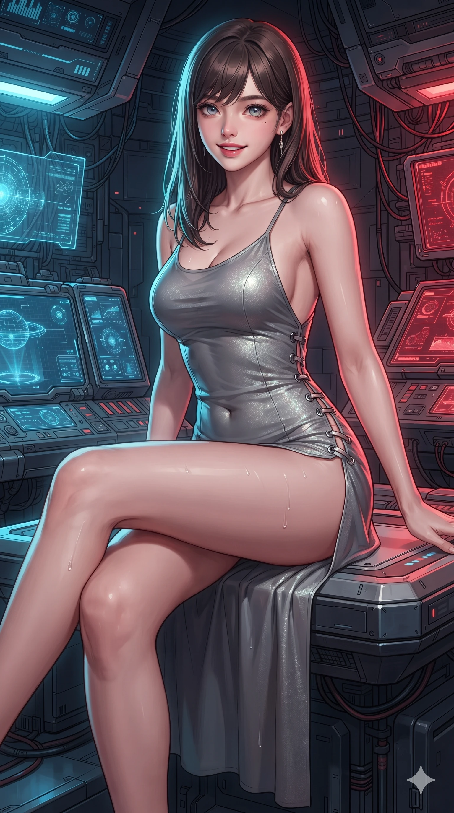 score_9, masterpiece, best quality, ultra-detailed, high-budget anime keyframe, editorial fashion photography, tasteful artistic composition, Korean woman. close-up cowboy shot from the waist and thighs up, the character dominates the composition, filling the frame with her large presence. twisting her slender torso in an alluring S-curve, dynamic rim light painting her narrow waist and curvy hips in fire while sitting gracefully on the elevated sensor console with legs crossed, flashing an enchanting, confident smile with parted glossy lips. The surrounding environment is rendered in vivid detail and crisp panoramic clarity: intricate second-skin suit texture, laser-cut ventilation slits, and advanced astrophysical machinery in razor-sharp precision. She has an exceptionally elegant, slender, and willowy female figure with an ultra-slim waist, flat toned midriff, narrow ribcage, and sculpted feminine hips creating an alluring, slim hourglass silhouette without bulk. sharp v-shaped jawline, high-bridge nose, intricate jewel-like sparkling eyes with depth, thick eyelashes, glossy parted lips with a natural sheen, bright confident smile with an enchanting and coquettish sensual glint, exuding both youthful magnetic charm and sovereign high-tech allure, flawlessly proportioned anatomical accuracy, strict slender model proportions, natural body alignment, perfectly sculpted long slender limbs, ultra-slim waistline, clean dynamic posture without body distortion. wearing a form-contouring gossamer cyber-chiffon flight slip with a hip-high slit and open cowl back clinging with dewy moisture in reflective liquid mercury and matte phantom grey, woven from high-density tech-wool with subtle metallic thread weave, finished with sharp laser-cut side ventilation slits framed by silver hardware rings, the form-fitting tactical tailoring adhering flawlessly to her sculpted flat midriff and slender torso, emphasizing her long leg lines and perfectly proportioned willowy build. bathed in dramatic split relativistic lighting: blazing electric cyan on the approaching side and fiery crimson on the receding side. ultra-reflective glossy finish, specular highlights, rich textural contrasts, high-contrast stereoscopic depth, volumetric dynamic lighting, 2k, ultra detail, master piece, 9:16 ratio