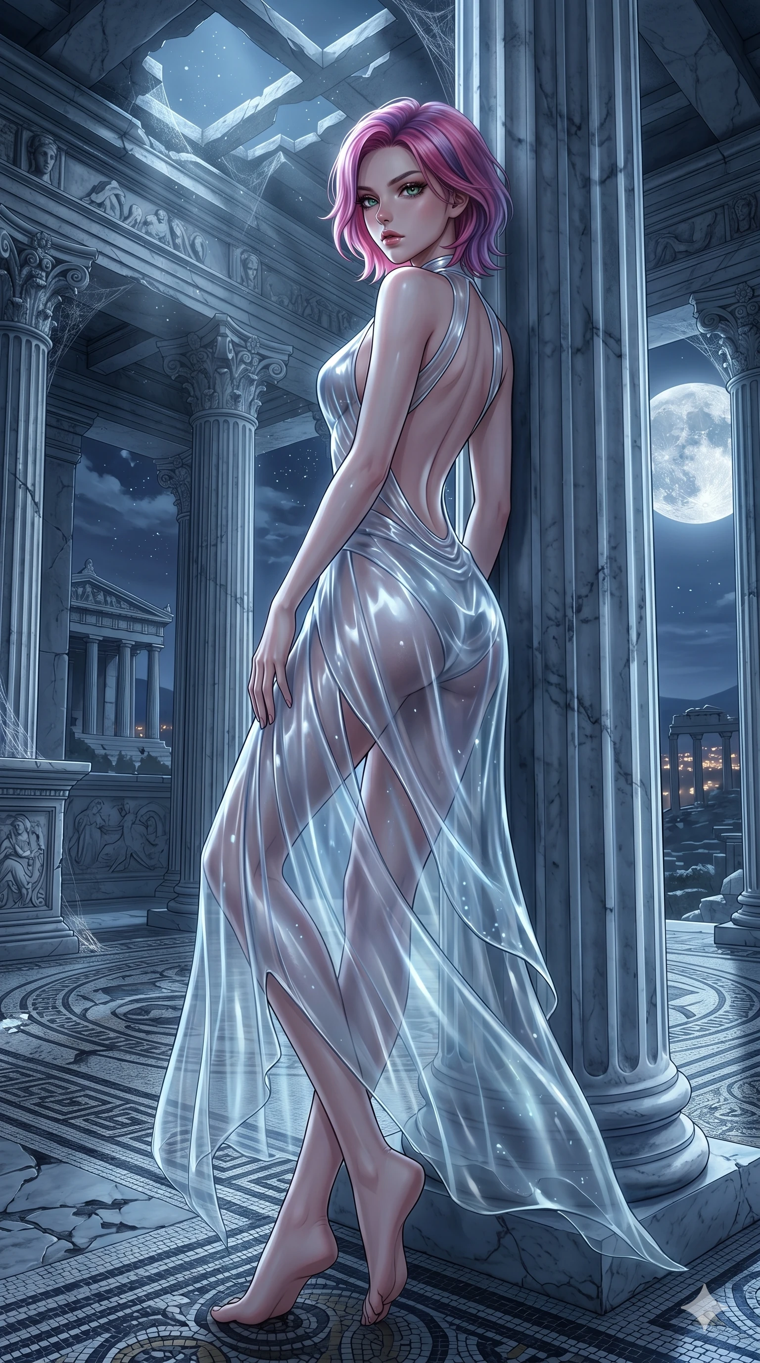 score_9, masterpiece, best quality, ultra-detailed, High-budget Anime Keyframe, East Asian woman. Low angle cowboy shot filling the entire 9:16 frame with her statuesque presence. Scenario 243: Leaning against a cold marble pillar in a moonlit greek temple. Her presence is magnetic and overpowering in this high-budget anime scene. Outfit 243: A translucent PVC liquid with a backless design and translucent layers. The clothing is designed to emphasize her exceptionally tall and slender 8-heads proportion. 8-heads proportion, towering silhouette, ultra-slim waist. sharp v-shaped jawline, intricate jewel-like eyes with depth, thick eyelashes, glossy lips. 2k, ultra detail, master piece, 9:16 ratio