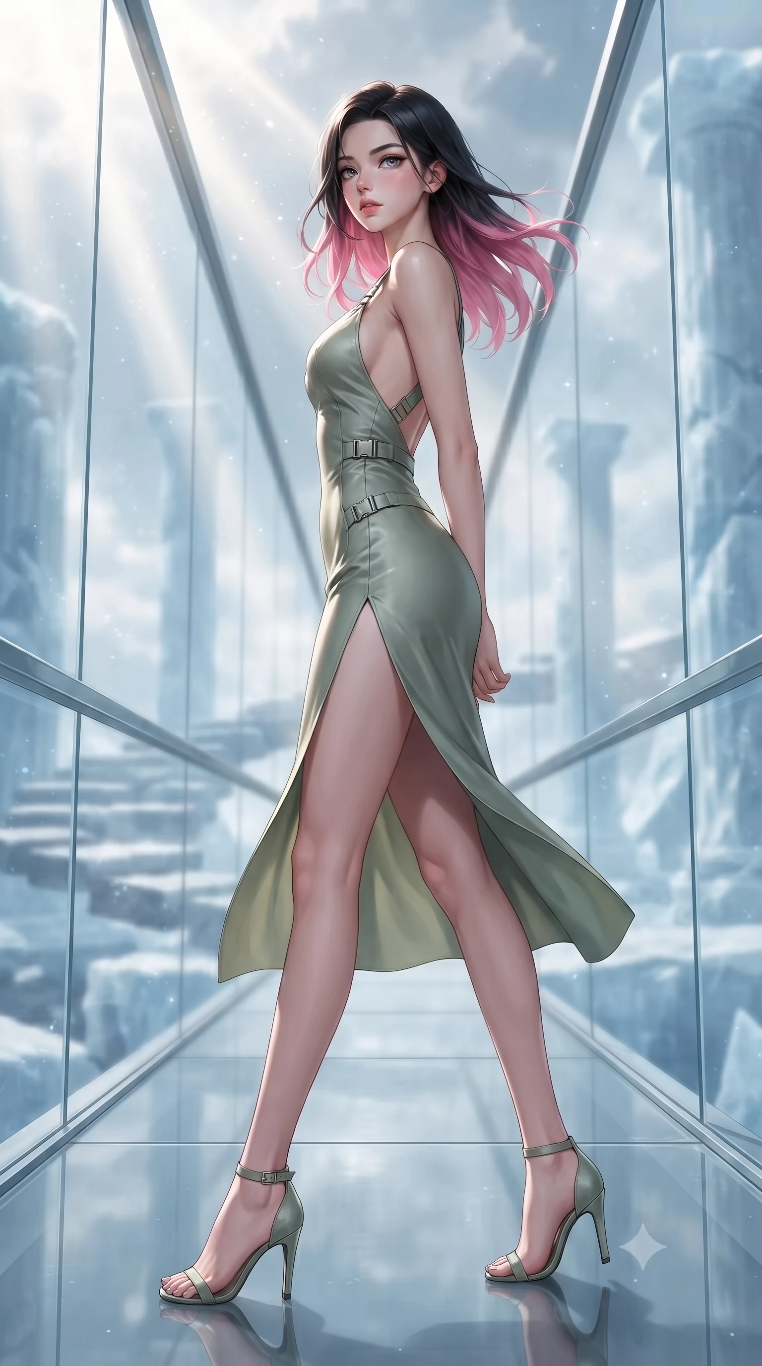 score_9, masterpiece, best quality, ultra-detailed, high-budget anime keyframe, editorial fashion photography, tasteful artistic composition, Korean woman. low angle full-body shot from head to toe showing her feet, filling the entire 9:16 vertical frame with her statuesque presence, stretching her vertical silhouette. walking slowly along a glass skybridge, looking back over her shoulder with an air of effortless grace, the background shows a soft-focus an ice ruins courtyard with levitating stone steps and ice columns. She has an absolutely perfect, statuesque 8.5-heads proportion, an exceptionally tall and slender model-like female figure with impossibly long slender legs and an ultra-slim waist. sharp v-shaped jawline, high-bridge nose, intricate jewel-like eyes with depth, thick eyelashes, glossy lips with a natural sheen. wearing a body-hugging lightweight silk combat slip dress in sage green, featuring a high side slit and a low-cut back. dappled sunlight filtering through cosmic dust clouds, creating light rays. ultra-reflective glossy finish, specular highlights, metallic sheen, high-contrast stereoscopic depth, volumetric dynamic lighting, 2k, ultra detail, master piece, 9:16 ratio