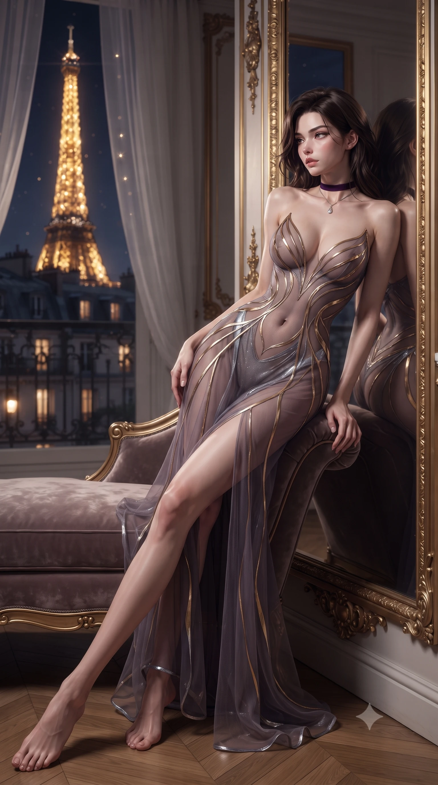 score_9, masterpiece, best quality, ultra-detailed, high-budget anime keyframe, editorial fashion photography, tasteful artistic composition, Korean woman. low angle full-body shot from head to toe showing her feet, filling the entire 9:16 vertical frame with her statuesque presence, stretching her vertical silhouette. reclining gracefully across the plush chaise lounge with one leg extended, her sculpted silhouette and flat midriff radiating magnetic nocturnal glamour while leaning against the gilded boiserie mirror frame with hips cocked back, looking over a bare shoulder with an intoxicating smoldering bedroom-gaze. The background shows a soft-focus the sparkling golden beacon of the Eiffel Tower through sheer curtains, Parisian zinc mansard rooftops, and quiet midnight streetlights blurred into champagne, topaz, and obsidian bokeh. She has an exceptionally tall and slender model-like 8.5-heads proportion, an ultra-slim waist, a flat toned midriff, narrow delicate ribcage, and beautifully sculpted feminine hips creating a graceful, slim hourglass silhouette without any bulky heaviness, with impossibly long slender legs. sharp v-shaped jawline, high-bridge nose, intricate jewel-like sparkling eyes with depth, thick eyelashes, glossy parted lips with a natural peach sheen, bright cheerful beaming smile with an enchanting and coquettish sensual glint, exuding both youthful cute charm and seductive allure, flawlessly proportioned anatomical accuracy, strict slender model proportions, natural body alignment, perfectly sculpted long slender limbs, ultra-slim waistline, clean dynamic posture without body distortion. wearing a provocative sheer illusion mesh gown with liquid gold ribbons contouring her flat midriff and curvaceous hips in dusky lavender noir and liquid silver chrome, made of fluid liquid jersey with seamless sculpting hold and smooth contours, finished with a thin velvet ribbon choker and a single teardrop diamond pendant, the second-skin tailored fabric adhering flawlessly to her sculpted flat midriff and slender torso, emphasizing her long leg lines and perfectly proportioned willowy build. illuminated by mirror reflection bounce and sharp champagne-gold rim lights sculpting her razor-sharp jawline, narrow waist, and curvy hips. ultra-reflective glossy finish, specular highlights, rich textural contrasts, high-contrast stereoscopic depth, volumetric dynamic lighting, 2k, ultra detail, master piece, 9:16 ratio