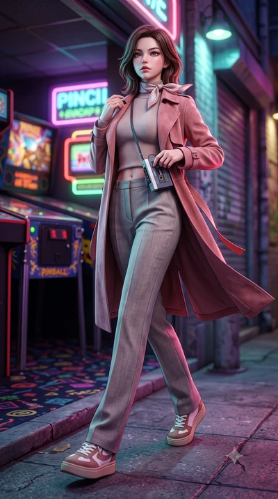 score_9, masterpiece, best quality, ultra-detailed, high-budget anime keyframe, semi-realistic 3D game render, editorial fashion photography, tasteful artistic composition, Korean woman. low angle full-body shot from head to toe showing her feet, fil
