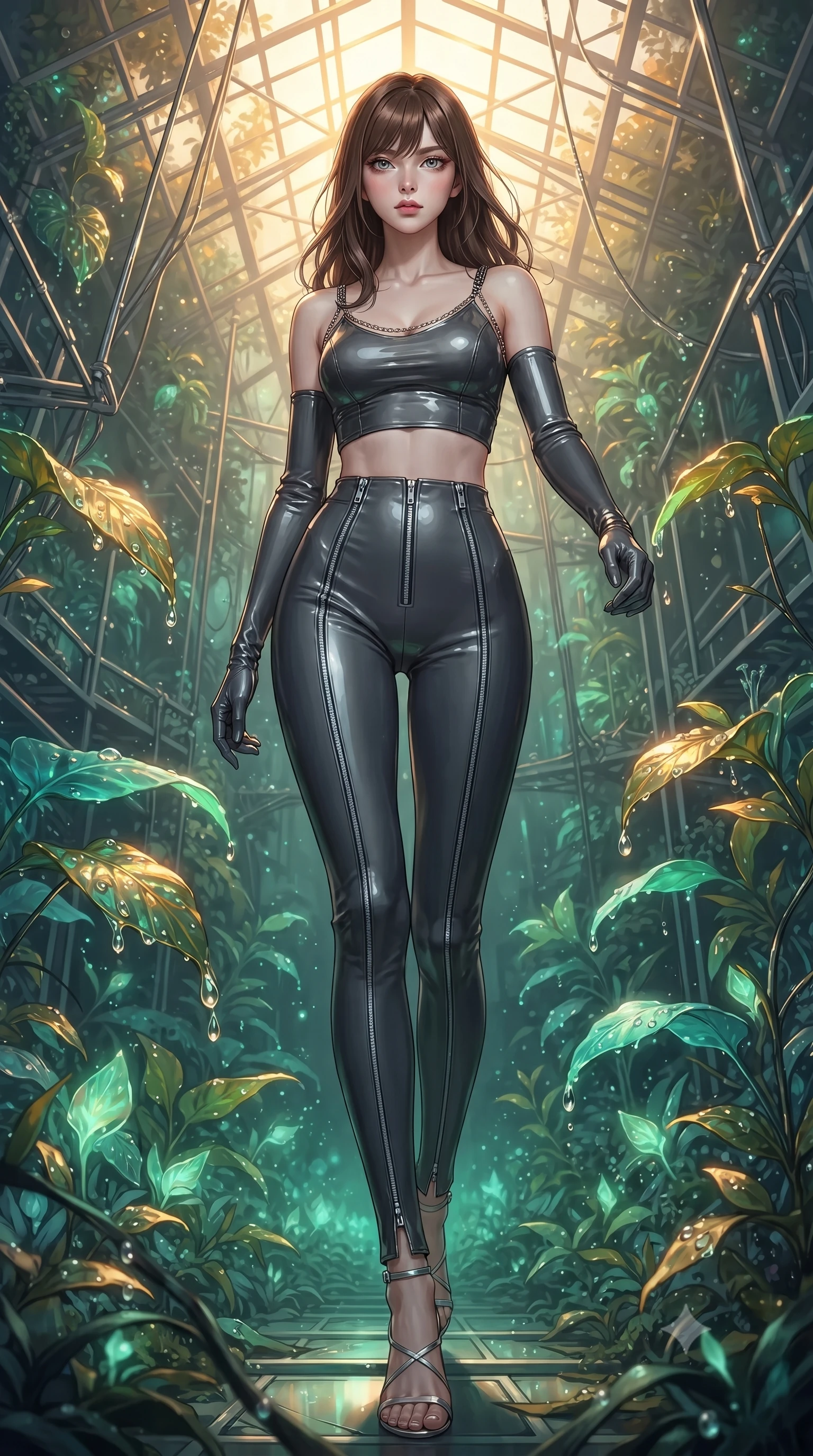 score_9, masterpiece, best quality, ultra-detailed, high-budget anime keyframe, editorial fashion photography, tasteful artistic composition, Korean woman. low angle full-body shot from head to toe showing her feet, filling the entire 9:16 vertical frame with her statuesque presence, stretching her vertical silhouette. forging dynamically through the scene, her vertical silhouette beautifully stretched forging through an overgrown greenhouse filled with platinum wire lattices, dewdrops on bioluminescent leaves reflecting vibrant emerald and gold. She has an absolutely perfect, statuesque 8.5-heads proportion, an exceptionally tall and slender model-like female figure with impossibly long slender legs and an ultra-slim waist. sharp v-shaped jawline, high-bridge nose, intricate jewel-like eyes with depth, thick eyelashes, glossy lips with a natural sheen. wearing a glossy vinyl crop top and high-waist tailored leggings with sleek zippers in charcoal grey and platinum, formed from sleek second-skin neoprene, adorned with delicate metallic chain straps along the neckline, the glove-like fit emphasizing her statuesque silhouette. bathed in warm golden sunlight and soft emerald bioluminescent glow. ultra-reflective glossy finish, specular highlights, metallic sheen, high-contrast stereoscopic depth, volumetric dynamic lighting, 2k, ultra detail, master piece, 9:16 ratio