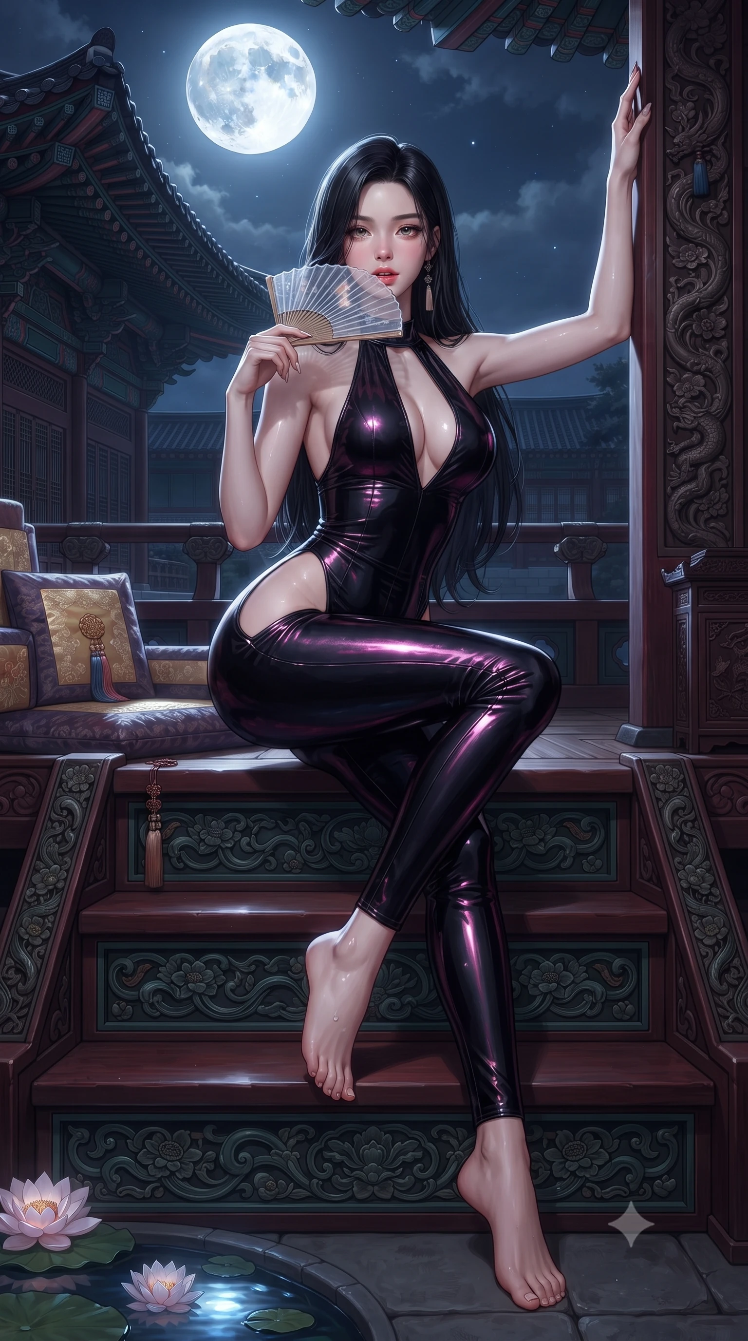 score_9, masterpiece, best quality, ultra-detailed, high-budget anime keyframe, editorial fashion photography, tasteful artistic composition, Korean woman. low angle full-body shot from head to toe showing her feet, filling the entire 9:16 vertical frame with her statuesque presence, stretching her vertical silhouette. standing tall beside the architectural column, one hand resting high while arching her lower back to emphasize her sculpted feminine hips and slender waist while sitting perched on the lacquered veranda steps with legs crossed, arching her lower back with breathtaking siren grace as lotus blossoms drift below. The surrounding environment is rendered in vivid detail and crisp panoramic clarity: detailed embroidered silk norigae weave, moonlight glints on skin, and historic royal pavilion architecture in razor-sharp precision. She has an absolutely perfect, statuesque 8.5-heads proportion, an exceptionally tall and slender model-like female figure with impossibly long slender legs, an ultra-slim waist, a flat toned midriff, narrow delicate ribcage, and beautifully sculpted feminine hips creating a graceful, slim hourglass silhouette without any bulky heaviness. sharp v-shaped jawline, high-bridge nose, sparkling eyes with hypnotic seductive depth, thick curled eyelashes, glossy parted lips with a natural dewy peach sheen, alluring bedroom-eyes with an enchanting coquettish smile, exuding magnetic siren charisma and sophisticated glamour, flawlessly proportioned anatomical accuracy, strict slender model proportions, natural body alignment, perfectly sculpted long slender limbs, ultra-slim waistline, clean dynamic posture without body distortion. wearing a liquid metallic lamé plunge halterneck jumpsuit clinging like a second skin with high-cut side hip cutouts in wet-look onyx black with electric fuchsia reflections, crafted from wet-look high-gloss vinyl fabric with dazzling specular surface reflections, finished with a transparent silk folding fan held gracefully near her glossy parted lips, the second-skin tailored fabric adhering flawlessly to her sculpted flat midriff and slender torso, emphasizing her long leg lines and perfectly proportioned willowy build. bathed in pure silver moonlight cascading directly from the harvest full moon above. ultra-reflective glossy finish, specular highlights, rich textural contrasts, high-contrast stereoscopic depth, volumetric dynamic lighting, 2k, ultra detail, master piece, 9:16 ratio
