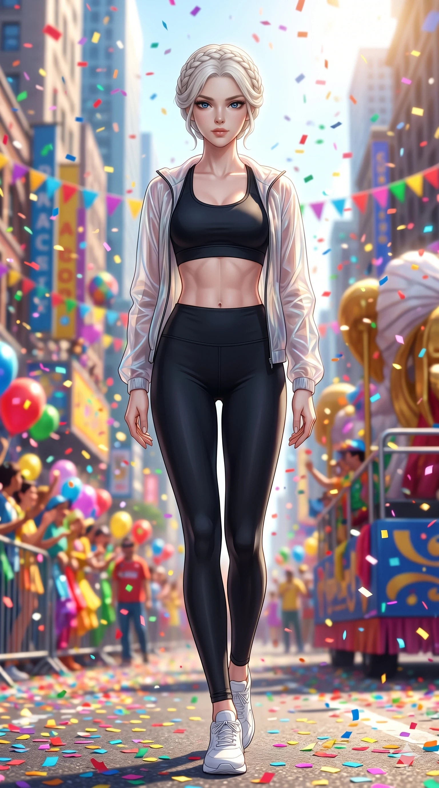 score_9, masterpiece, best quality, ultra-detailed, Set A: Photorealistic 8k CG, Japanese woman. Low angle cowboy shot filling the entire 9:16 frame with her statuesque presence. Standing in a rain of colorful confetti on a grand parade. She has an absolutely perfect 8-heads proportion, an exceptionally tall and slender female figure with elegant long slender legs and an slender waist. Sharp v-shaped jawline, high-bridge nose, intricate jewel-like eyes with depth, thick eyelashes, glossy lips. Wearing a Premium Athleisure outfit: sleek activewear with a sheer windbreaker and athletic midsection. Background is a bright and colorful city street with vibrant decorations and bright sunlight. 2k, ultra detail, master piece, 9:16 ratio