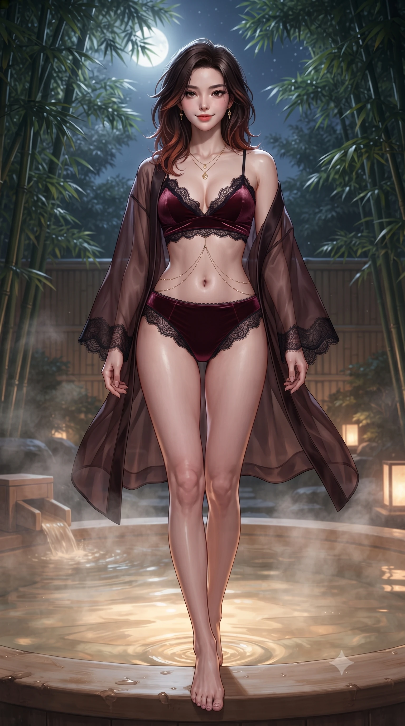 score_9, masterpiece, best quality, ultra-detailed, high-budget anime keyframe, editorial fashion photography, tasteful artistic composition, Korean woman. low angle full-body shot from head to toe showing her feet, filling the entire 9:16 vertical frame with her statuesque presence, stretching her vertical silhouette. stepping slowly toward the camera with hypnotic grace, hips swaying in an alluring sensual rhythm that accentuates her curvy hourglass silhouette and long slender legs while sitting on the aromatic Hinoki cedar rim of the steaming outdoor bath, arching her back with wet-look siren grace under the moon. The surrounding environment is rendered in vivid detail and crisp panoramic clarity: detailed semi-sheer silk kimono robe cling, delicate gold jewelry shine, and bespoke ryokan timber craft in razor-sharp precision. She has an absolutely perfect, statuesque 8.5-heads proportion, an exceptionally tall and slender model-like female figure with impossibly long slender legs, an ultra-slim waist, a flat toned midriff, narrow delicate ribcage, and beautifully sculpted feminine hips creating a graceful, slim hourglass silhouette without any bulky heaviness. sharp v-shaped jawline, high-bridge nose, sparkling eyes with hypnotic seductive depth, thick curled eyelashes, glossy parted lips with a natural dewy peach sheen, alluring bedroom-eyes with an enchanting coquettish smile, exuding magnetic siren charisma and sophisticated glamour, flawlessly proportioned anatomical accuracy, strict slender model proportions, natural body alignment, perfectly sculpted long slender limbs, ultra-slim waistline, clean dynamic posture without body distortion. wearing a sheer organza kimono robe worn loose and slipping off bare shoulders over a matching satin bralette and high-waisted briefs in deep bordeaux velvet and delicate black chantilly, made of delicate semi-sheer French Chantilly lace with intricate eyelash edges, accented with a dainty gold belly chain resting across her flat midriff and curving hips, the second-skin tailored fabric adhering flawlessly to her sculpted flat midriff and slender torso, emphasizing her long leg lines and perfectly proportioned willowy build. bathed in warm underwater onsen illumination combined with celestial moonlight filtering through the bamboo canopy. ultra-reflective glossy finish, specular highlights, rich textural contrasts, high-contrast stereoscopic depth, volumetric dynamic lighting, 2k, ultra detail, master piece, 9:16 ratio