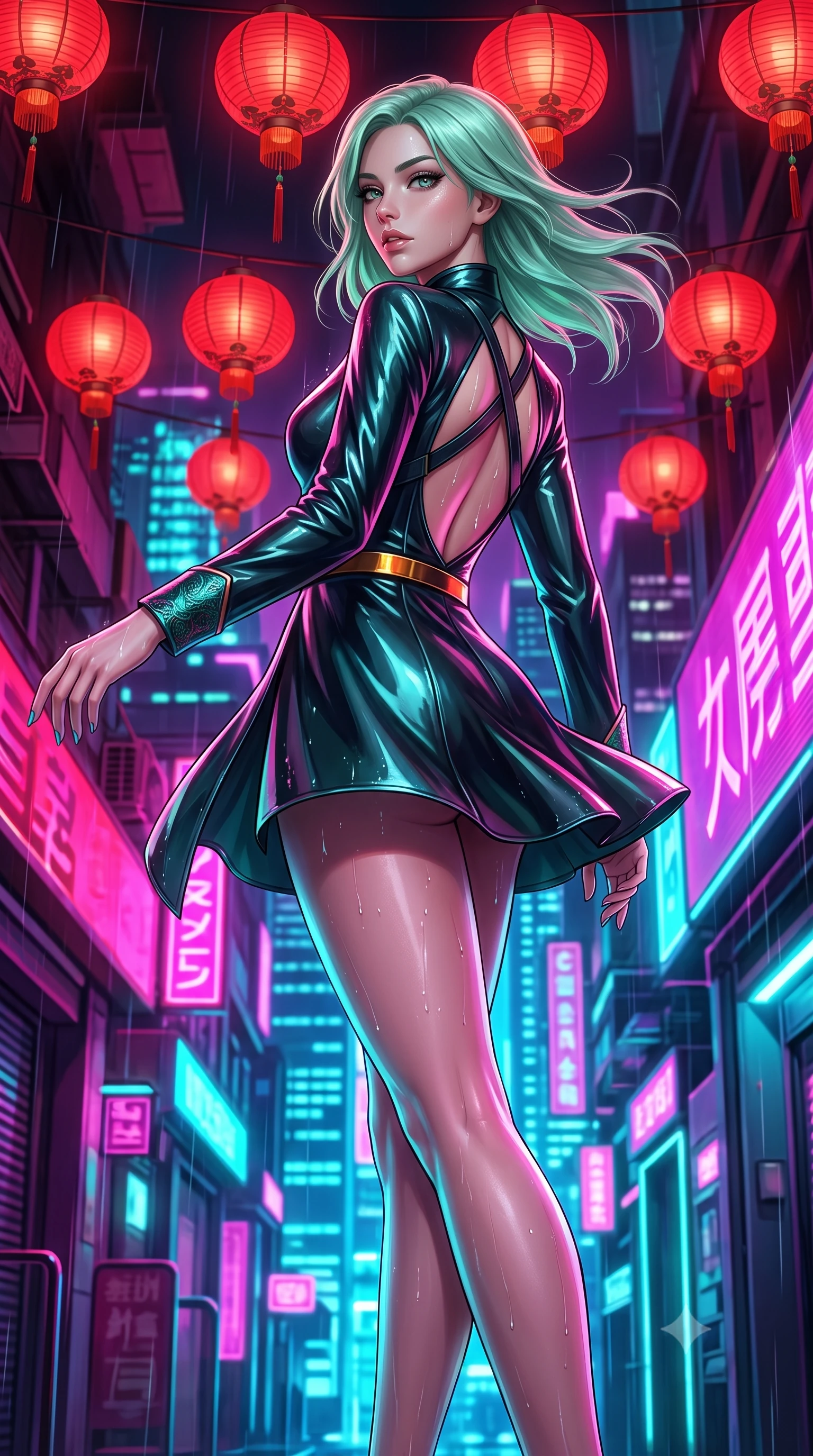 score_9, masterpiece, best quality, ultra-detailed, high-budget anime keyframe, semi-realistic 3D game render, editorial fashion photography, tasteful artistic composition, Japanese woman. low angle full-body shot from head to toe showing her feet, filling the entire 9:16 vertical frame with her statuesque presence, stretching her vertical silhouette. executing an elegant mid-motion pivot turn as garments swirl around her slender limbs, glancing over her shoulder with an intoxicating bedroom-gaze while standing poised beneath hanging crimson paper lanterns, twisting her slender torso in an alluring S-curve while looking down at the neon-lit alley below. The surrounding environment is rendered in vivid detail and crisp panoramic clarity. detailed embroidered silk qipao fabric sheen, raindrops on skin, and cyberpunk cityscape in high clarity. She has an absolutely perfect, statuesque 8.5-heads proportion, an exceptionally tall and slender model-like female figure with impossibly long slender legs, a toned flat midriff, an ultra-slim waist, and beautifully sculpted feminine hips. sharp v-shaped jawline, high-bridge nose, intricate jewel-like eyes with depth, thick eyelashes, glossy parted lips with a natural sheen, intensely captivating and seductive bedroom-eyes expression, flawlessly proportioned anatomical accuracy, strict slender model proportions, natural body alignment, perfectly sculpted long slender limbs, ultra-slim waistline, clean dynamic posture without body distortion. wearing a tailored satin tuxedo jacket dress with mandarin lapels and a slim gold-buckle belt in glowing amber-gold and dark graphite, tailored from second-skin aerodynamic stretch vinyl with specular wet sheen, finished with criss-cross back harness straps framing her bare spine, the glove-like aerodynamic silhouette tightly following the natural contour of her hips and long slender legs with statuesque precision. bathed in vibrant magenta and electric cyan neon light contrasting with warm lantern scarlet downlights. highly saturated vibrant anime colors, detailed shading with soft gradients, rich glossy textures, high-contrast stereoscopic depth, volumetric dynamic lighting, master piece, 9:16 ratio