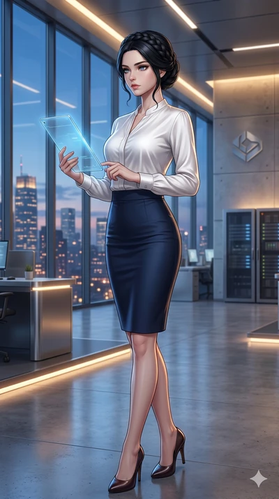score_9, score_8_up, score_7_up, source_anime, masterpiece, best quality, ultra-detailed, same character with long black hair, wearing a professional tight navy pencil skirt and white silk blouse, holding a tablet in a high-tech corporate office, dus
