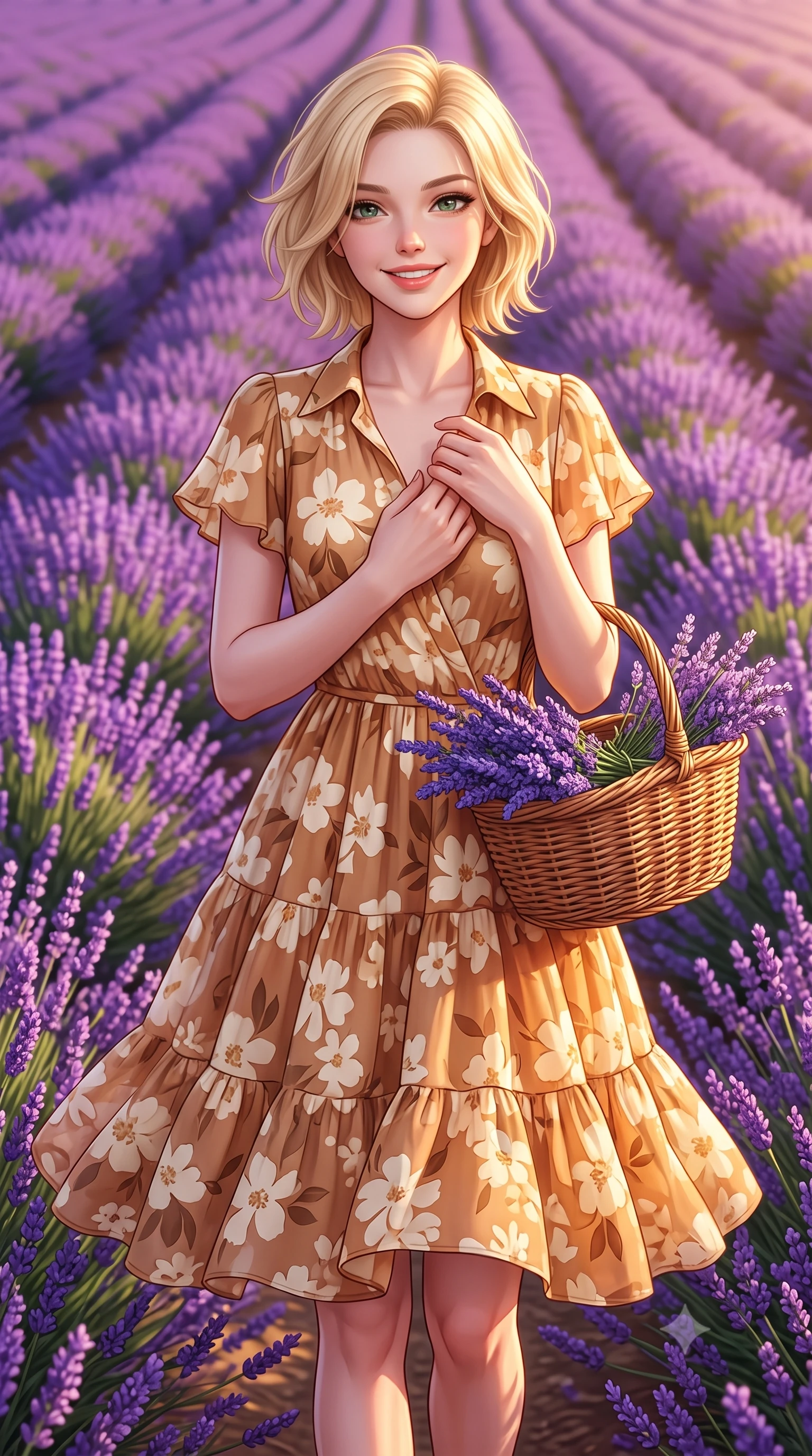 score_9, masterpiece, best quality, ultra-detailed, high-budget anime keyframe, semi-realistic 3D game render, editorial fashion photography, tasteful artistic composition, Caucasian woman. close-up cowboy shot from the waist and thighs up, the character dominates the composition, filling the frame with her large presence. holding her hands loosely near her heart with an enchanting, affectionate gaze looking directly into the lens while holding a woven wicker basket filled with fresh fragrant lavender blossoms with a radiant, lovely smile. The surrounding environment is rendered in vivid detail and crisp panoramic clarity. rich color saturation of violet flora and golden Mediterranean sunlight captured with sharpness. She has an exceptionally elegant, slender, and willowy female figure with an ultra-slim waist, a gracefully sculpted slender torso, toned flat midriff, and a refined slim silhouette. sharp v-shaped jawline, high-bridge nose, intricate jewel-like eyes with depth, thick eyelashes, glossy lips with a natural sheen, pure and lovely fresh girlhood expression, flawlessly proportioned anatomical accuracy, strict slender model proportions, natural body alignment, perfectly sculpted long slender limbs, ultra-slim waistline, clean dynamic posture without body distortion. wearing a breezy tiered chiffon sundress with delicate floral print and short flutter sleeves in warm caramel and cream vanilla, tailored from crisp organic cotton poplin, featuring elegant flutter sleeves and a graceful open collar, the soft airy drape swaying gracefully with her dynamic movements, emphasizing her tall willowy build and slim waistline. bathed in warm golden hour sunlight casting long romantic shadows across the purple lavender rows. highly saturated vibrant anime colors, detailed shading with soft gradients, rich glossy textures, high-contrast stereoscopic depth, volumetric dynamic lighting, master piece, 9:16 ratio