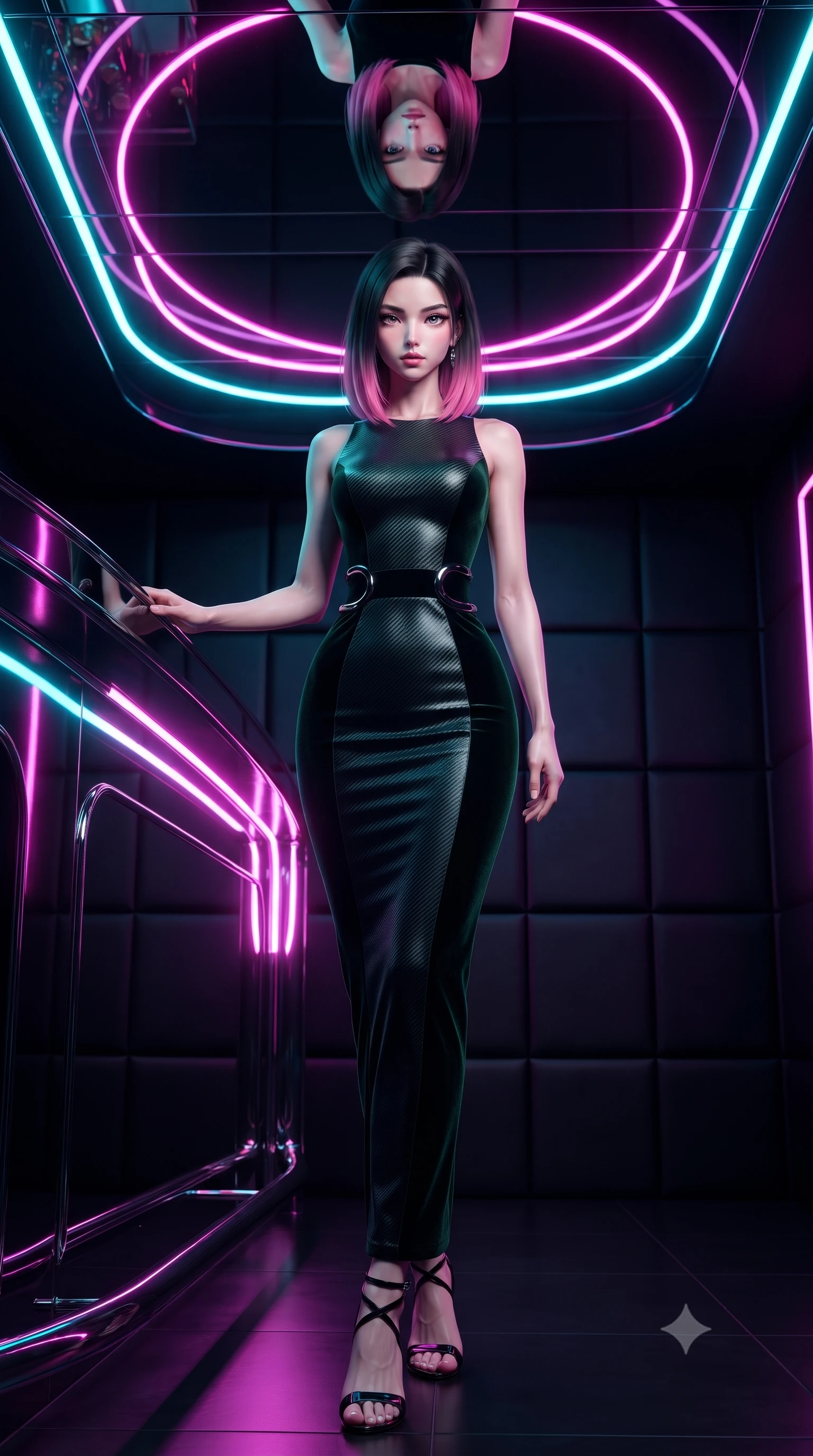 score_9, masterpiece, best quality, ultra-detailed, high-budget anime keyframe, editorial fashion photography, tasteful artistic composition, Korean woman. low angle full-body shot from head to toe showing her feet, filling the entire 9:16 vertical frame with her statuesque presence, stretching her vertical silhouette. navigating the private sanctuary with an effortless, graceful stride, resting against a polished chrome bar counter reflecting neon neon reflections, mirror ceiling reflecting her statuesque figure and neon arcs in high resolution. She has an absolutely perfect, statuesque 8.5-heads proportion, an exceptionally tall and slender model-like female figure with impossibly long slender legs and an ultra-slim waist. sharp v-shaped jawline, high-bridge nose, intricate jewel-like eyes with depth, thick eyelashes, glossy lips with a natural sheen. wearing sculpted form-fitting dark velvet column gown in pitch black in deep emerald green, made of matte carbon-fiber weave, accented with sculpted obsidian chrome rings at the waist, contouring every curve with an exceptionally elegant silhouette. illuminated by vibrant magenta and cyan neon rim light against pitch-black leather. ultra-reflective glossy finish, specular highlights, metallic sheen, high-contrast stereoscopic depth, volumetric dynamic lighting, 2k, ultra detail, master piece, 9:16 ratio