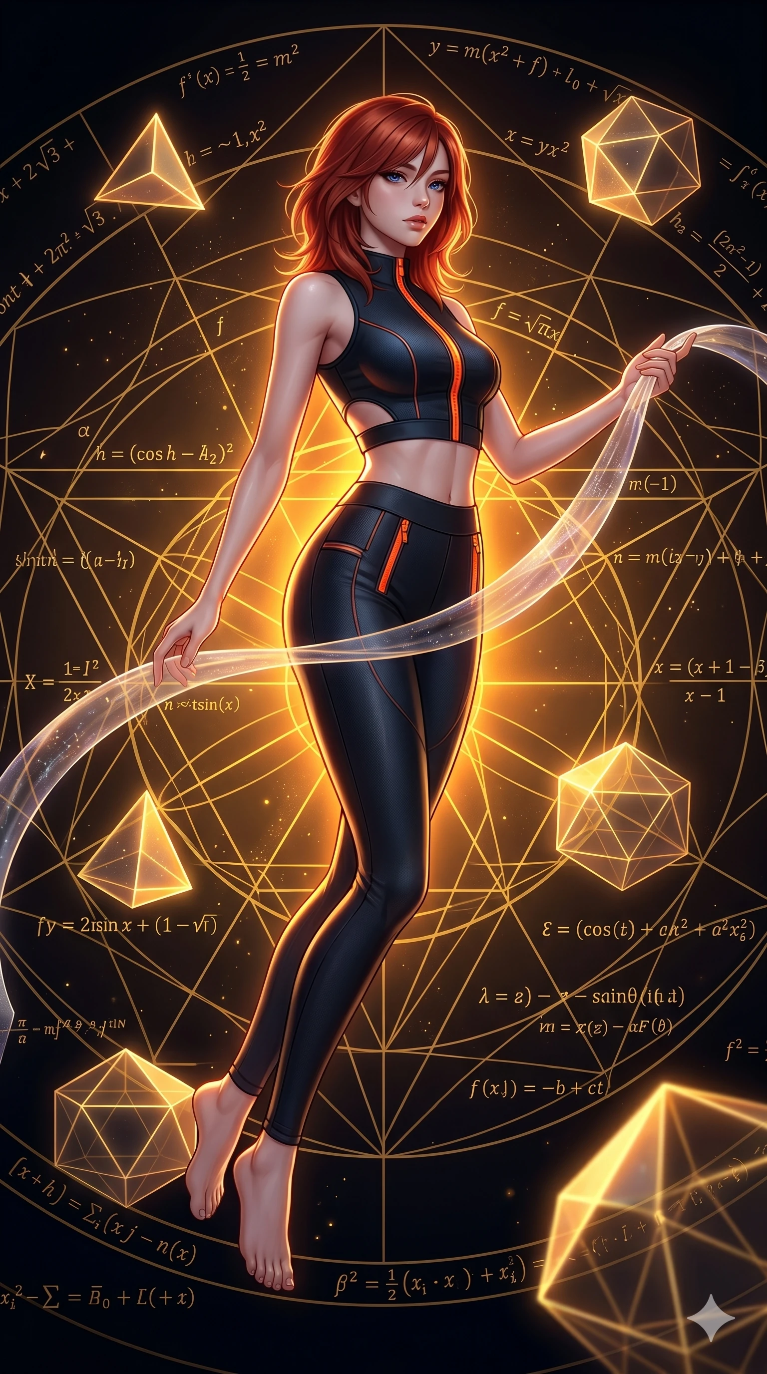 score_9, masterpiece, best quality, ultra-detailed, high-budget anime keyframe, Korean woman. low angle full-body shot filling the entire 9:16 frame with her statuesque presence, stretching the vertical silhouette. floating gracefully in a mathematical mandala void filled with golden geometric lines of complex formulas, holding a translucent ribbon as she glides between floating regular polyhedrons. She has an absolutely perfect 8-heads proportion, an exceptionally tall and slender female figure with impossibly long slender legs and an ultra-slim waist. V-shaped jawline, high-bridge nose, intricate jewel-like eyes with depth, thick eyelashes, glossy lips with a natural sheen.. wearing a second-skin neoprene cyber-athleisure set, featuring a tight crop top and leggings with fluorescent orange zipper accents and side slash panels. illuminated by dramatic chiaroscuro casting soft shadows along her curves, with vibrant backlighting highlighting the dust particles. 2k, ultra detail, master piece, 9:16 ratio