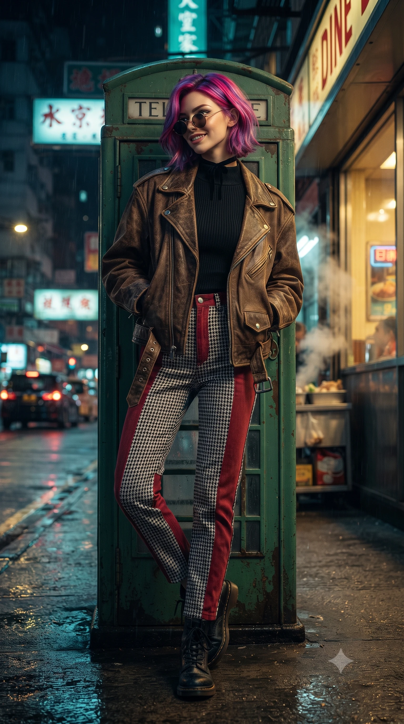 score_9, masterpiece, best quality, ultra-detailed, high-budget anime keyframe, editorial fashion photography, tasteful artistic composition, Caucasian woman. low angle full-body shot from head to toe showing her feet, filling the entire 9:16 vertical frame with her statuesque presence, stretching her vertical silhouette. landing lightly on the balls of her feet in a balanced kinetic stance, eyes locked onto the camera with fearless allure while leaning against a vintage green telephone booth with hands in her jacket pockets, looking back over her shoulder. The surrounding environment is rendered in vivid detail and crisp panoramic clarity. authentic 90s film noir chiaroscuro and atmospheric retro Asian city nightlife rendered in precision. She has an absolutely perfect, statuesque 8.5-heads proportion, an exceptionally tall and slender model-like female figure with impossibly long slender legs, a toned flat midriff, and an ultra-slim waist. sharp v-shaped jawline, high-bridge nose, intricate jewel-like eyes with depth, thick eyelashes, glossy lips with a natural sheen, captivating and magnetic expression, flawlessly proportioned anatomical accuracy, strict slender model proportions, natural body alignment, perfectly sculpted long slender limbs, ultra-slim waistline, clean dynamic posture without body distortion. wearing an iconic oversized vintage brown leather biker jacket worn over a snug ribbed turtleneck and high-rise mom jeans in classic monochrome houndstooth and cherry red, tailored from velvety soft genuine suede with classic stitched seams, finished with a delicate black velvet ribbon choker and vintage sunglasses, the precision-cut daring openings accentuating her delicate midriff, graceful bare collarbones, and ultra-slim feminine waistline. illuminated by warm golden diner window key light sculpting her cheekbones and joyful expression. ultra-reflective glossy finish, specular highlights, rich textural contrasts, high-contrast stereoscopic depth, volumetric dynamic lighting, 2k, ultra detail, master piece, 9:16 ratio