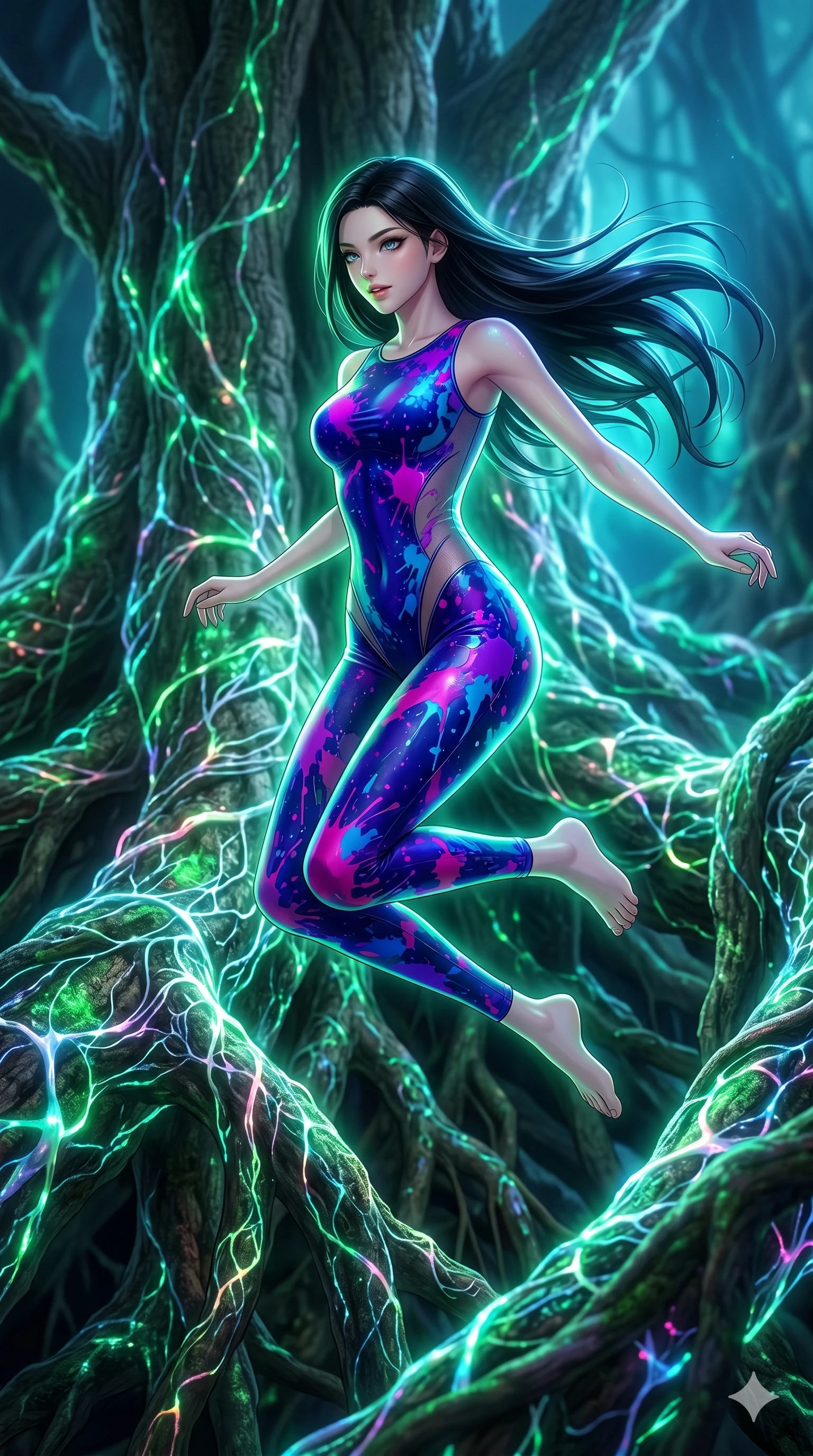 score_9, masterpiece, best quality, ultra-detailed, high-budget anime keyframe, Japanese woman. upper body close-up from the thighs up, character filling the screen for maximum presence. jumping amidst giant ancient tree roots wrapped in trillions of glowing mycelium threads pulsing with emerald and opal light. She has an absolutely perfect 8-heads proportion, an exceptionally tall and slender female figure with impossibly long slender legs and an ultra-slim waist. V-shaped jawline, high-bridge nose, intricate jewel-like eyes with depth, thick eyelashes, glossy lips with a natural sheen.. wearing a liquid acrylic splash bodysuit, featuring a skin-tight bodysuit that looks like vivid fluorescent acrylic paint splattered and dried, with sheer mesh side panels. bathed in brilliant cinematic volumetric lighting and intense neon rim light highlighting her slender form. 2k, ultra detail, master piece, 9:16 ratio