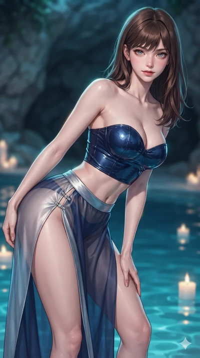 Korean woman. close-up cowboy shot from the waist and thighs up, the character dominates the composition, fi.