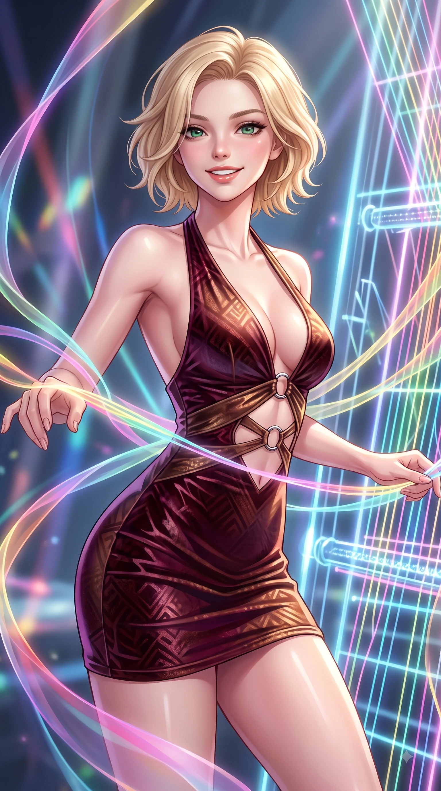 score_9, masterpiece, best quality, ultra-detailed, high-budget anime keyframe, editorial fashion photography, tasteful artistic composition, Caucasian woman. close-up cowboy shot from the waist and thighs up, the character dominates the composition, filling the frame with her large presence, background elements kept in soft focus. Cheerful beaming smile with parted lips, exuding pure enchanting charm while turning dynamically toward the camera while weaving fluorescent rainbow fiber optic ribbons on a 3D light loom with a playful smile, translucent silk ribbons swirling around her figure like bright streams. She has an exceptionally elegant, slender, and willowy female figure with an ultra-slim waist, a gracefully sculpted slender torso, and a refined silhouette. sharp v-shaped jawline, high-bridge nose, intricate jewel-like eyes with depth, thick eyelashes, glossy lips with a natural sheen, flawlessly proportioned anatomical accuracy, natural body alignment, perfectly sculpted elegant limbs, clean dynamic posture without body distortion. wearing a deep-scoop halter bodycon dress with hip cutouts connected by silver rings in deep burgundy and bronze, made of premium stretch velvet with a rich sheen, featuring subtle geometric cutouts that highlight her ultra-slim midriff, the tailored fabric tightly following every curve of her athletic build. bathed in sharp geometric laser grid highlights and soft airy ambient fill. highly saturated vibrant anime colors, detailed shading with soft gradients, rich glossy textures, high-contrast stereoscopic depth, volumetric dynamic lighting, master piece, 9:16 ratio